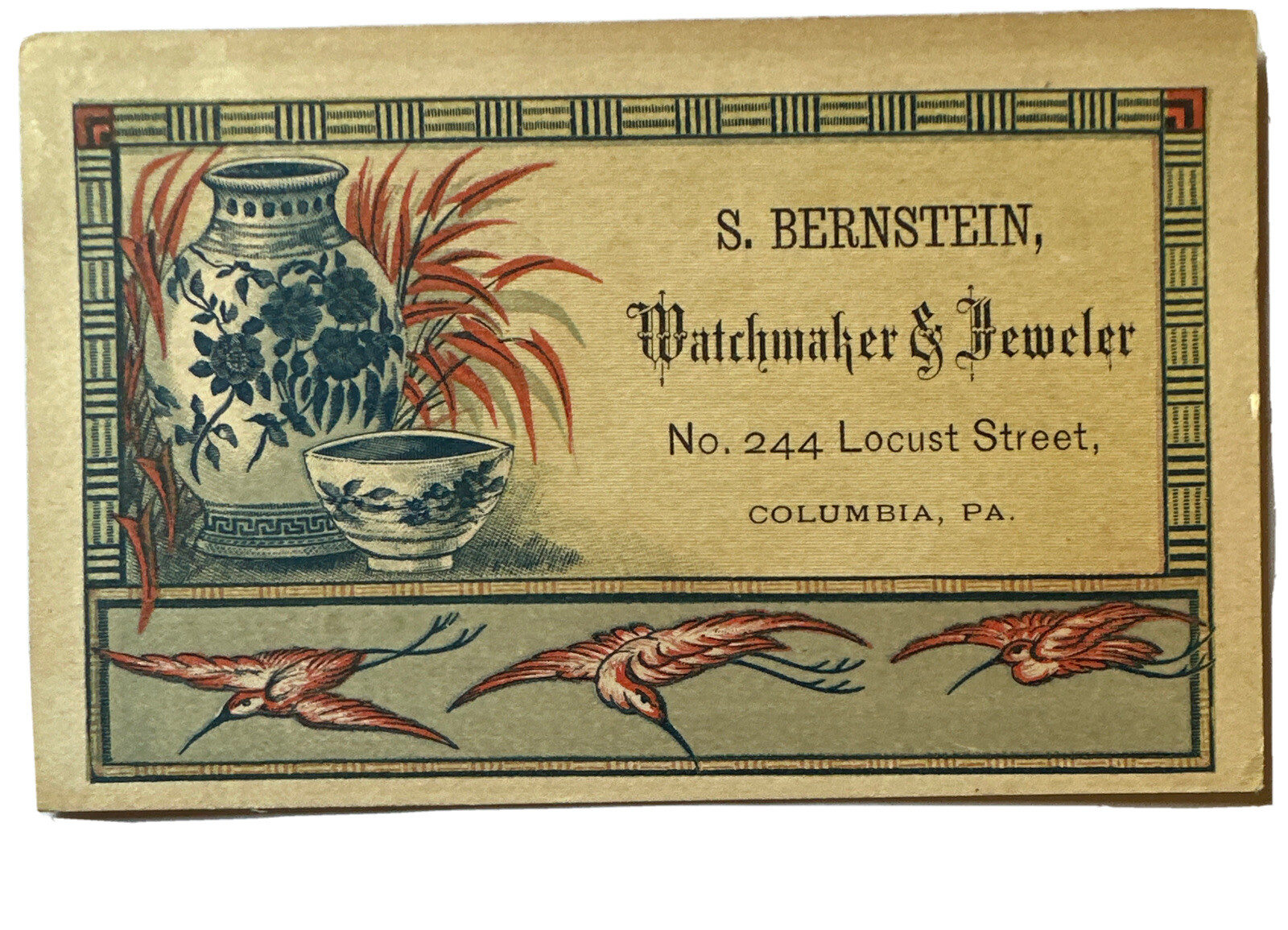 VICTORIAN JEWELERS TRADE CARD S Bernstein Watchmaker Locust St Columbia PA B21-2