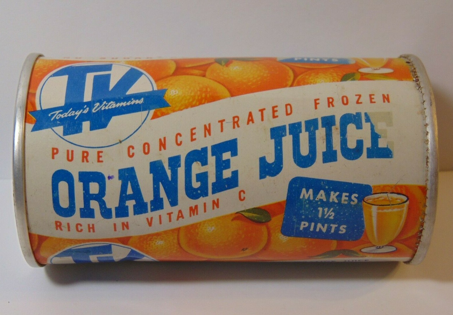 Old Vintage 1960s Orange Juice Tin Graphic Advertising Tin Fleming Topeka Kansas