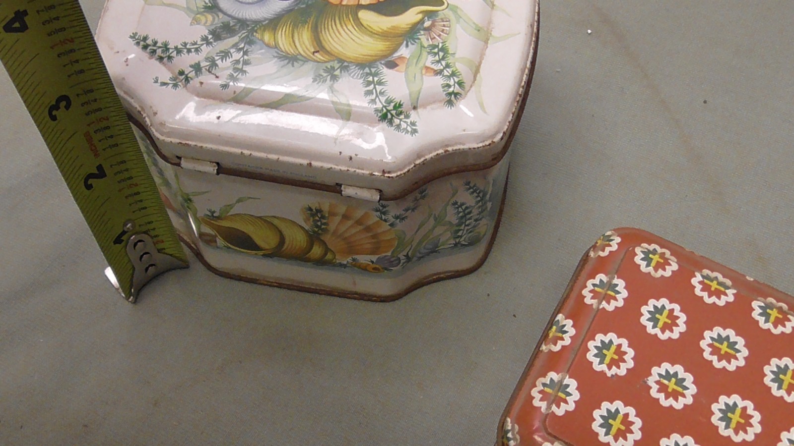 Two Small Floral and sea shells Vintage Metal Tins