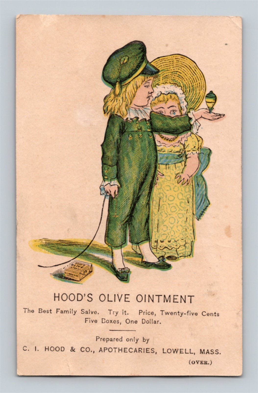 Hood’s Olive Ointment Kate Greenaway Quack Medicine Kids Toy Top Trade Card