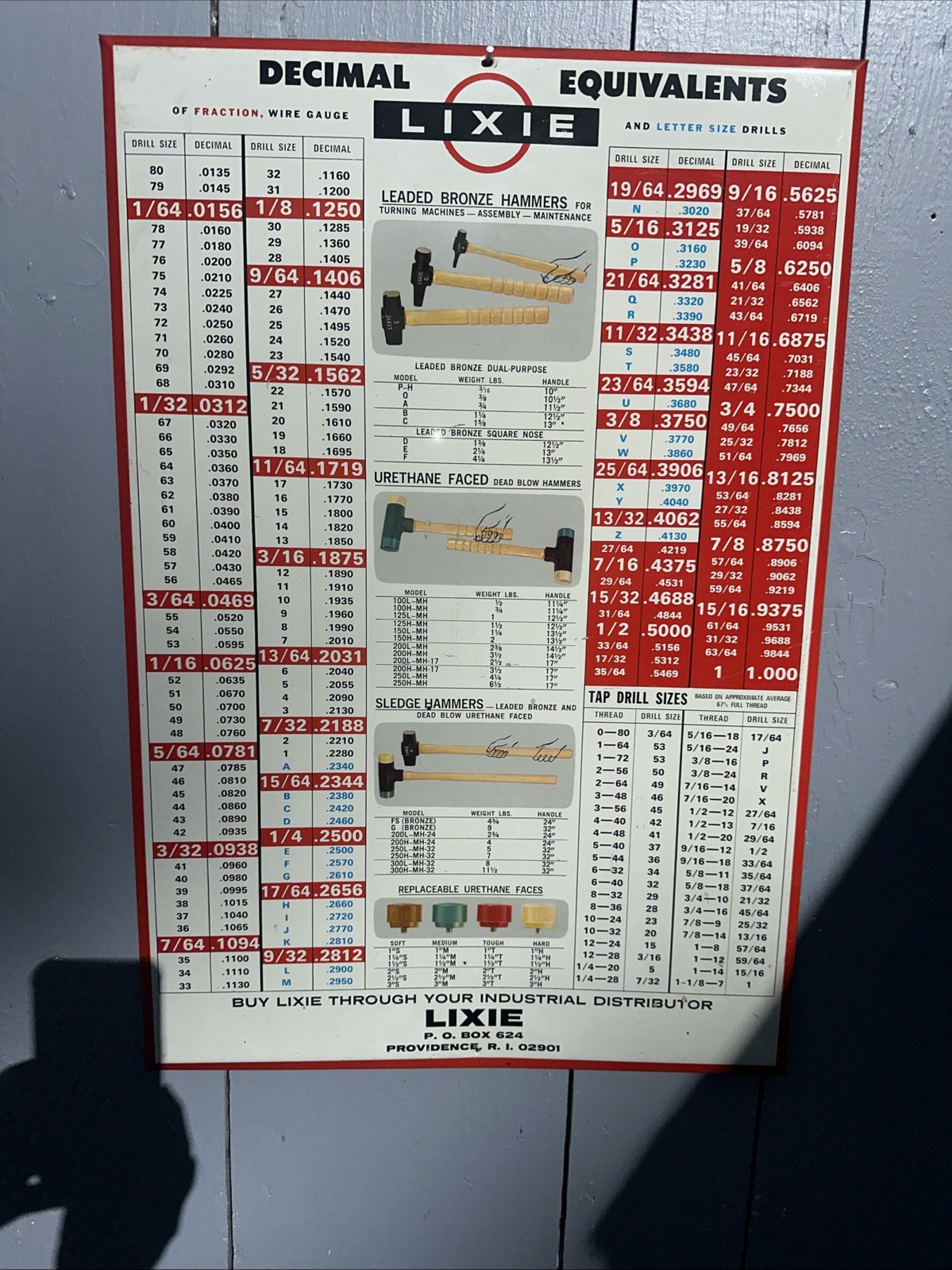 Vintage Lixie Hammer Tool Tin Sign 17 X 25 Decimal Equivalents Nice Shape!