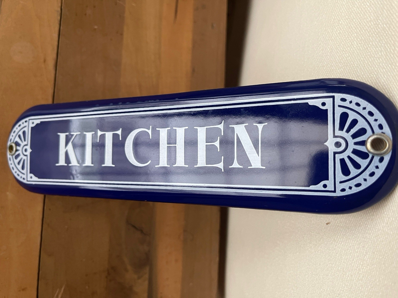 Vtg KITCHEN Metal Sign Double-Sided Porcelain Blue Farmhouse NOS Architectural
