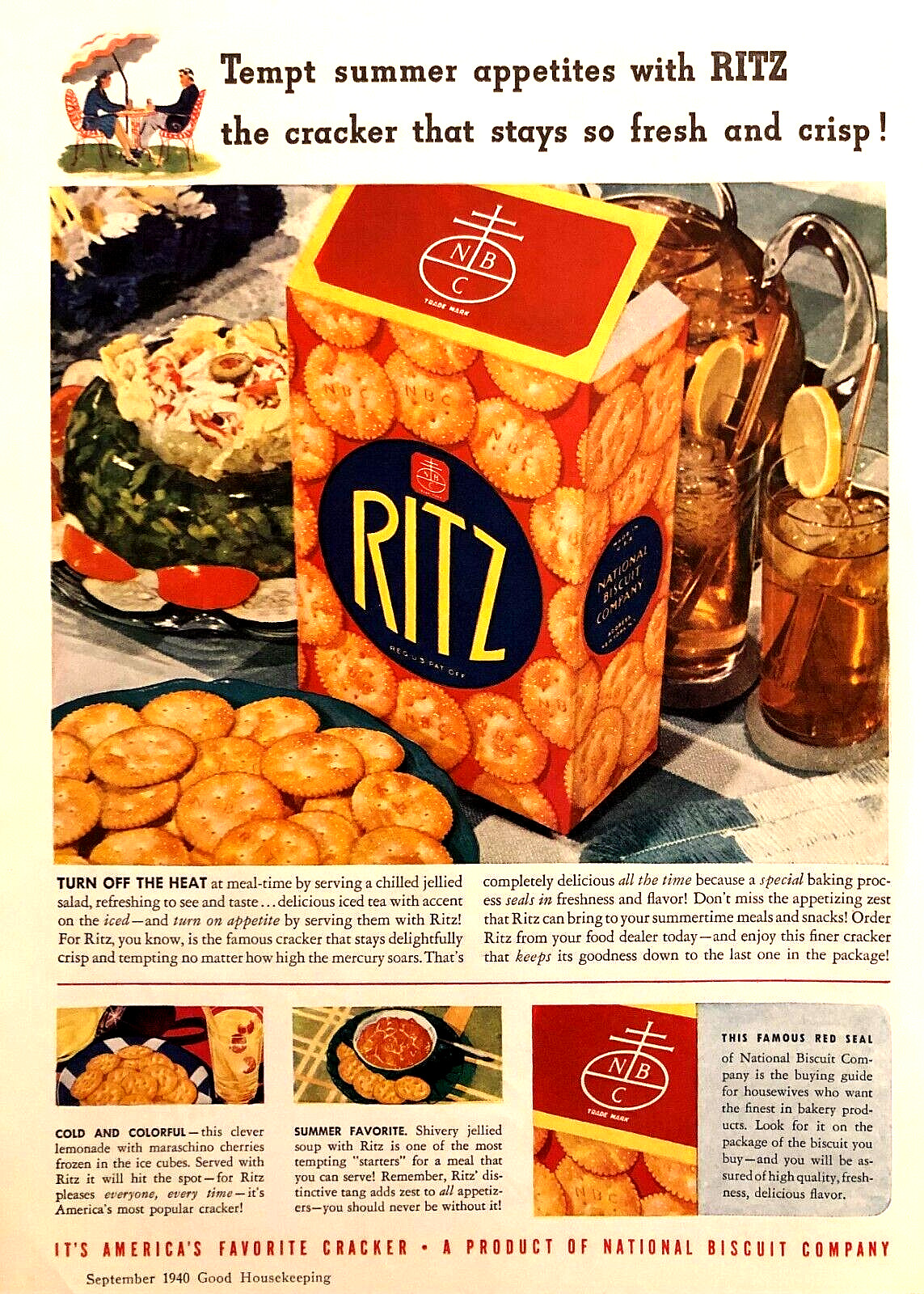 RITZ CRACKERS—VINTAGE 1940 NABISCO MAGAZINE ADVERTISEMENT—FULL COLOR PRINT AD