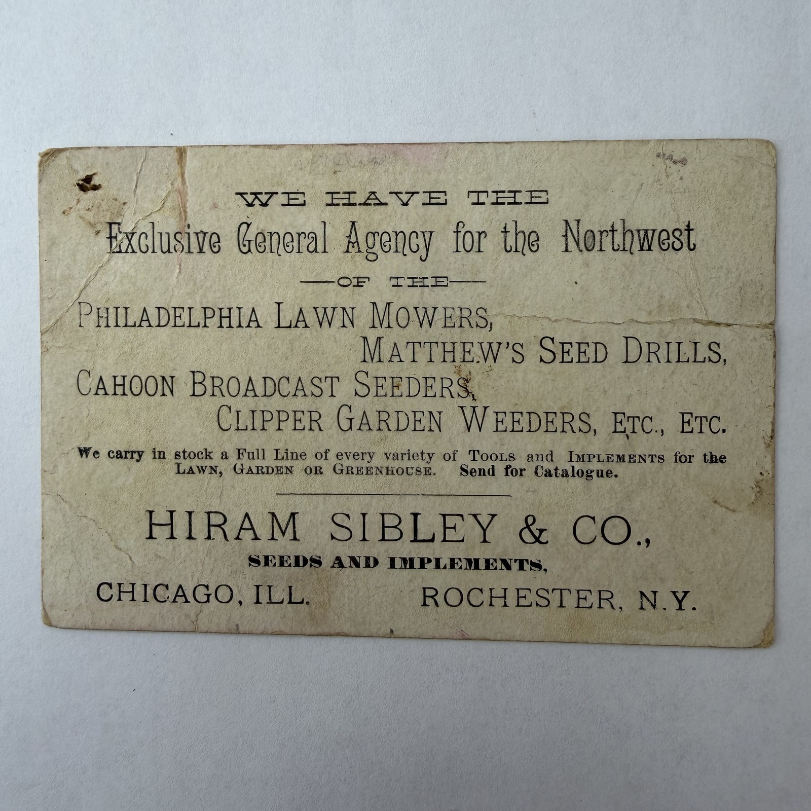 Chicago IL Rochester NY Hiram Sibley Seeds Implements Children Artist Trade Card