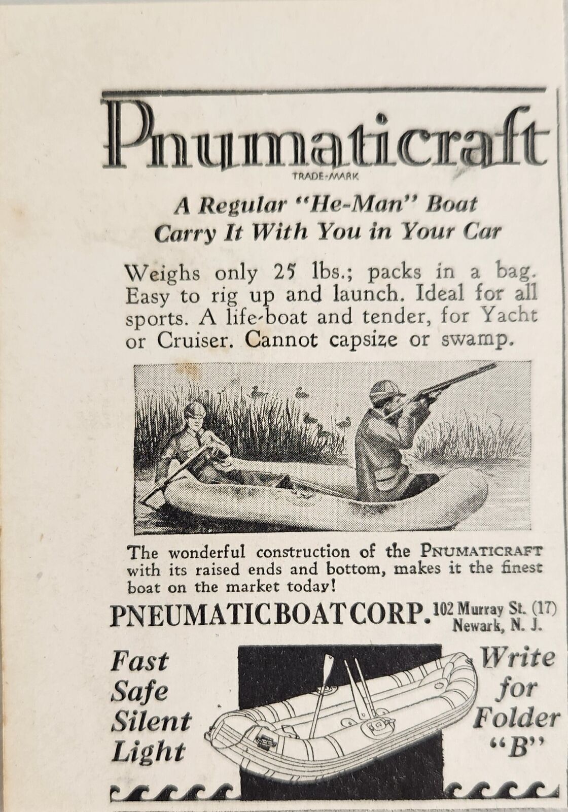 1928 Print Ad Pnumaticraft Inflatable Boats Pneumatic Boat Newark,New Jersey