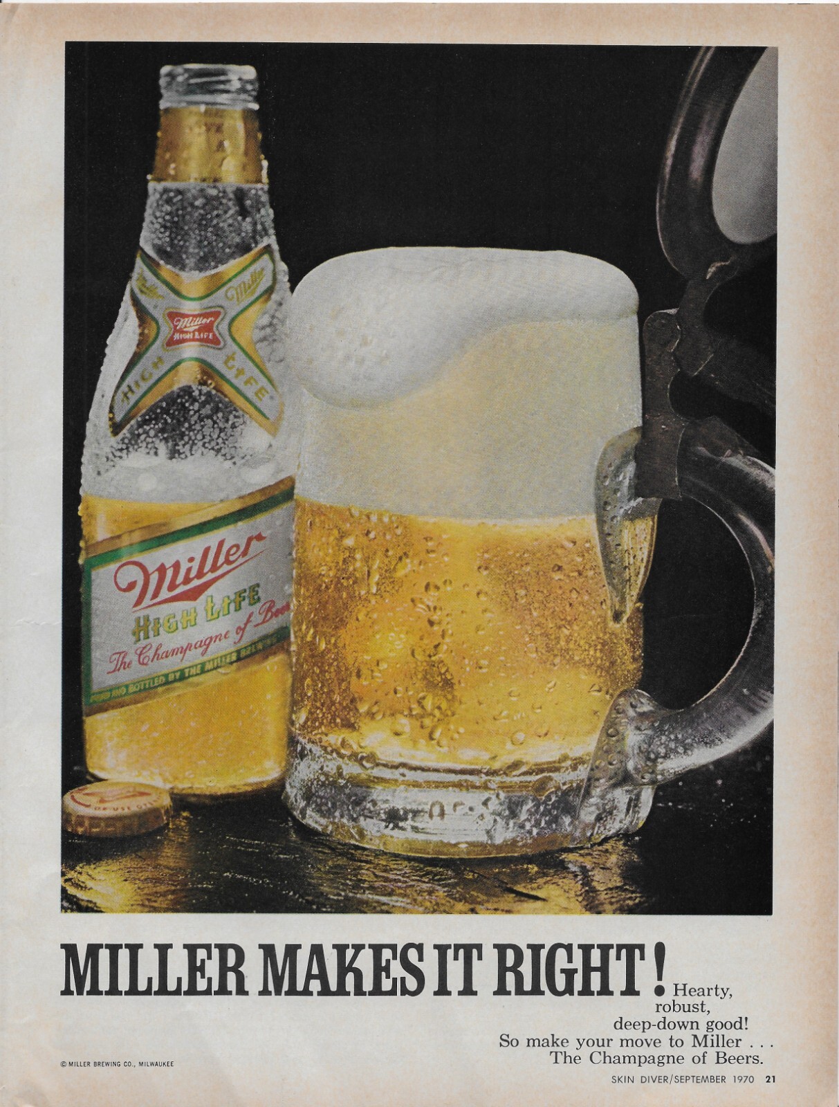 1970 Miller High Life Beer Brewing Frosty Mug Bottle Photo Vintage Print Ad