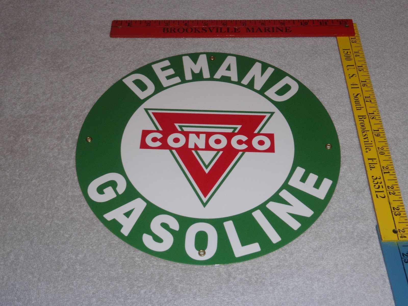 VINTAGE DEMAND CONOCO GASOLINE W/ TRI-ANGLE 11 3/4″ PORCELAIN METAL GAS OIL SIGN