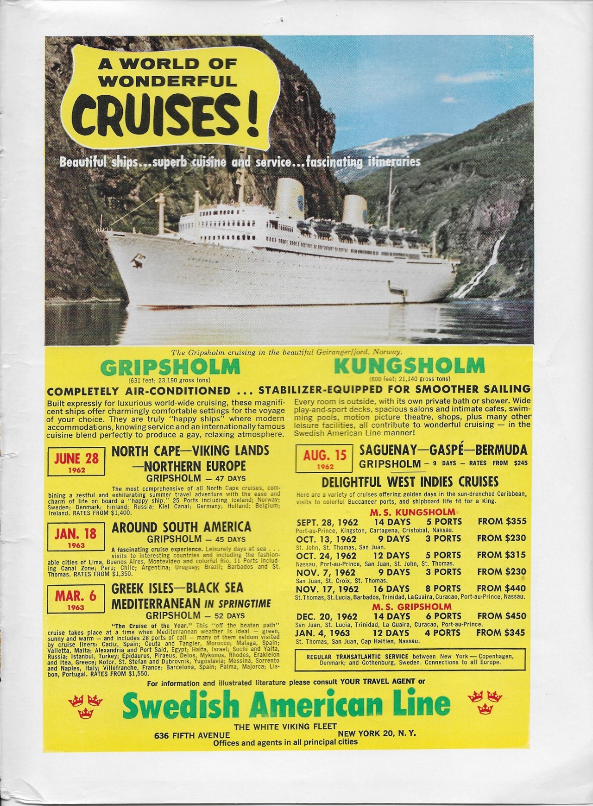 1962 Swedish American Cruise Line Beautiful Ships White Viking Vintage Print Ad