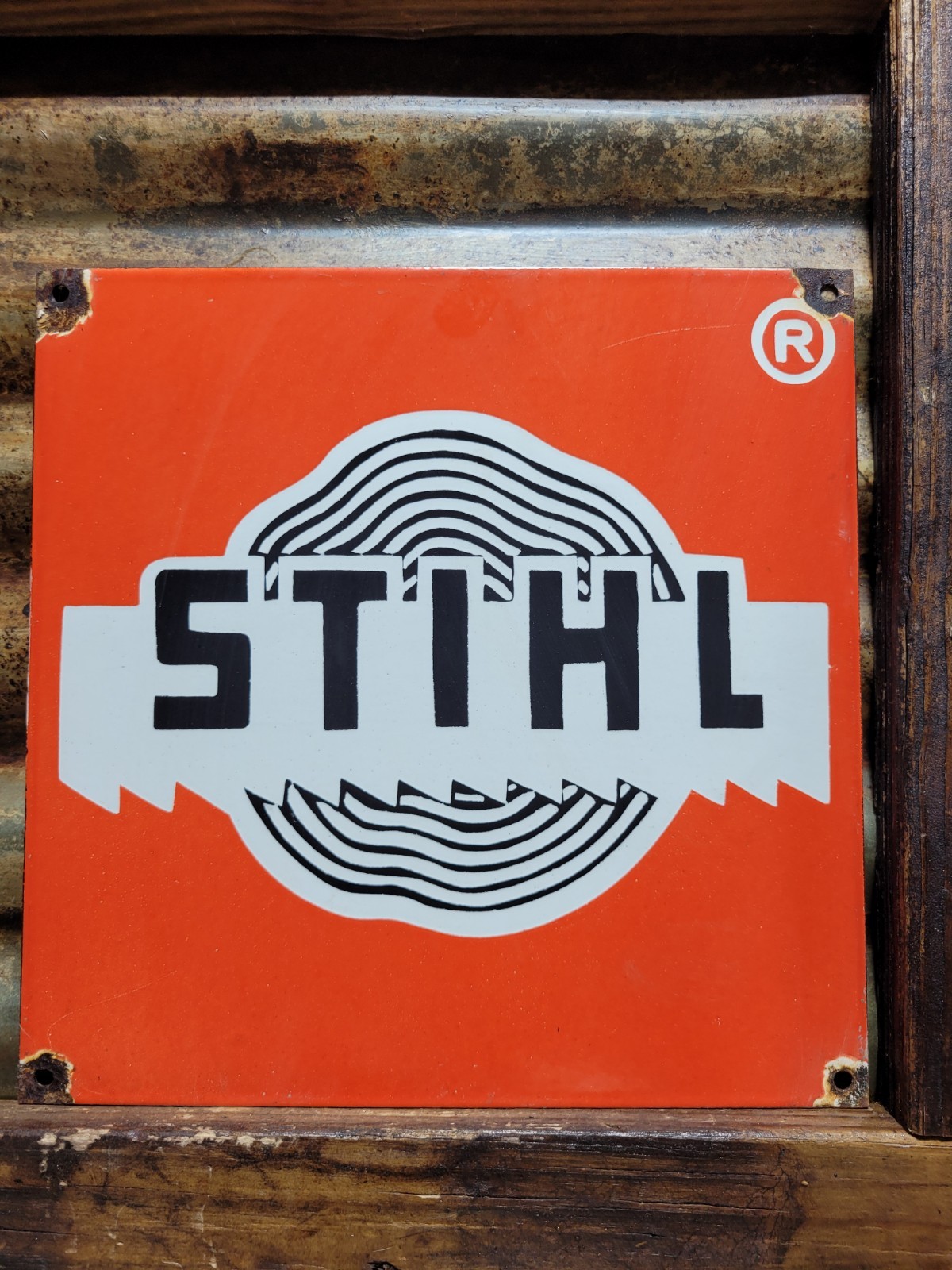 VINTAGE STIHL PORCELAIN SIGN OLD CHAIN SAW POWER TOOL LUMBER JACK TREE CUTTER
