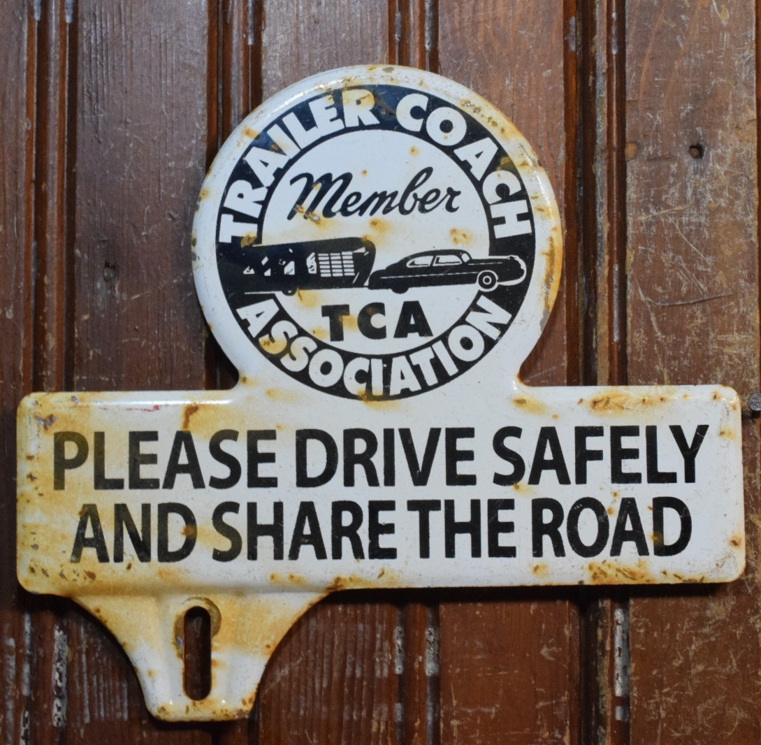 TRAILER COACH MEMBER ASSOCIATION TCA STAMPED PAINTED METAL TOPPER SIGN CAR 1950s