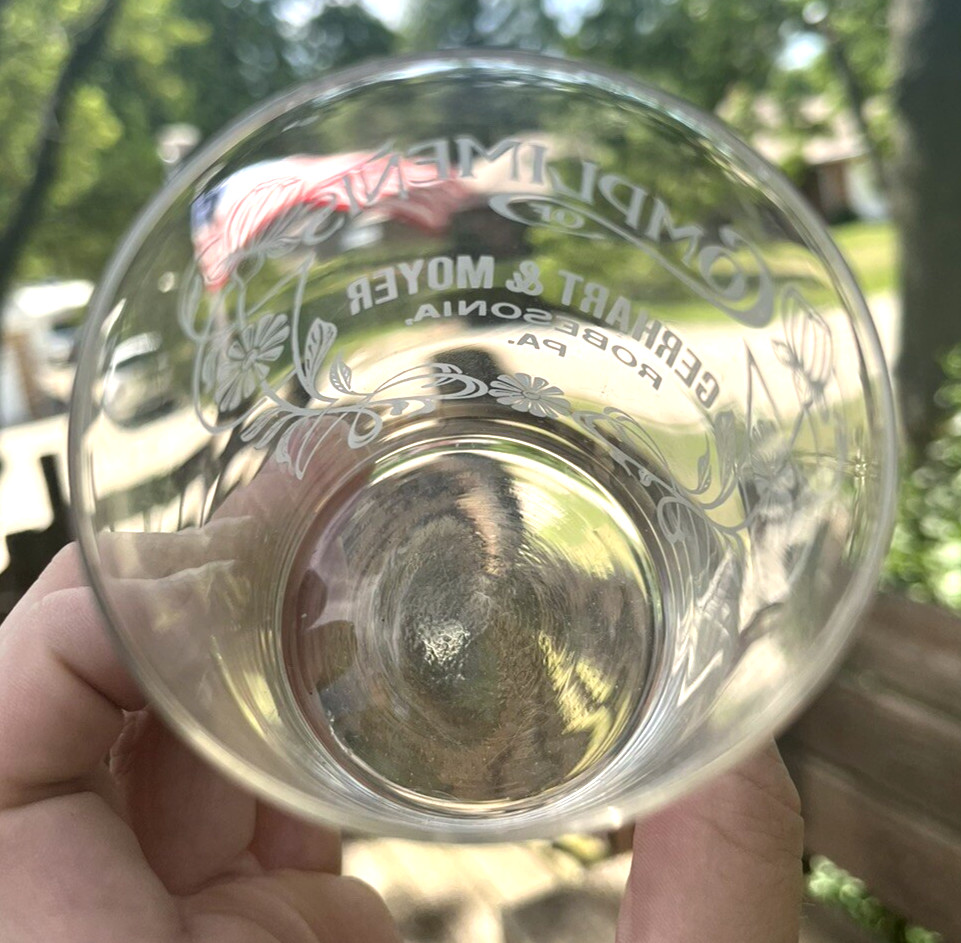 NICE ACID ETCHED TUMBLER GLASS GERHART & MOYER ROBESONIA, PA 1910 ERA CLEAN L@@K
