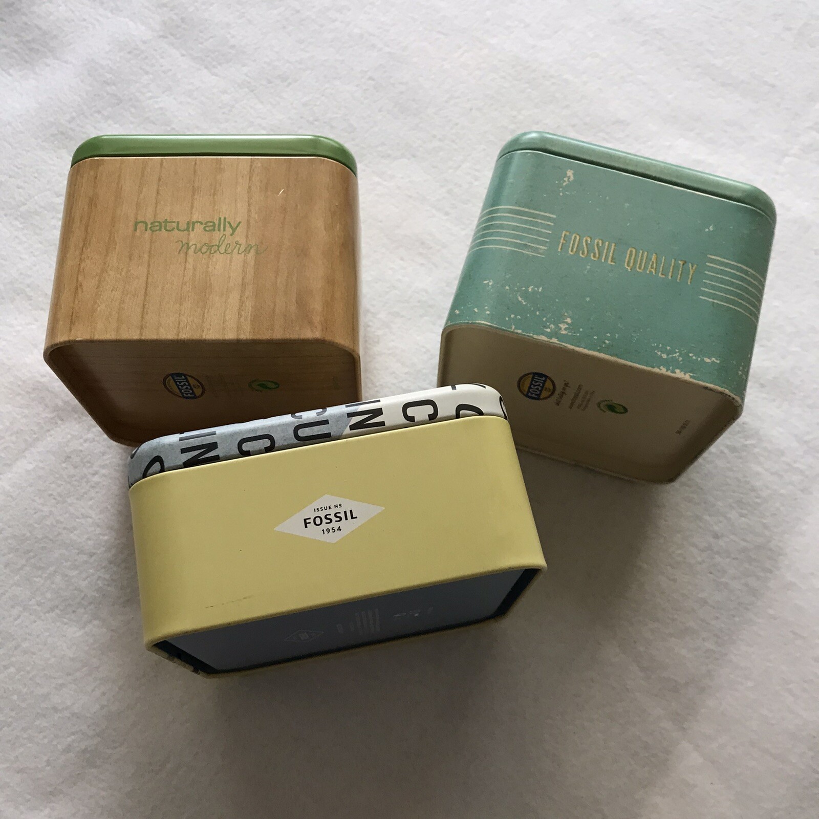 Lot 3 Empty FOSSIL Watch Boxes Collectible Tins Yellow Rotary Phone Print Shop