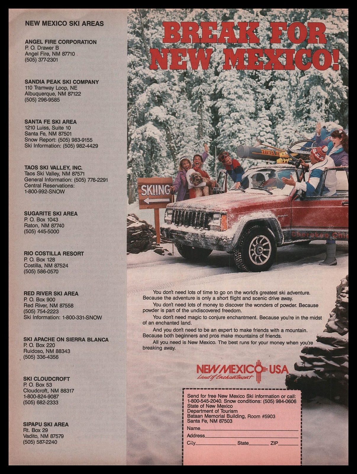1986 New Mexico Ski Trip Jeep Cherokee “Break For New Mexico!” Vintage Print Ad