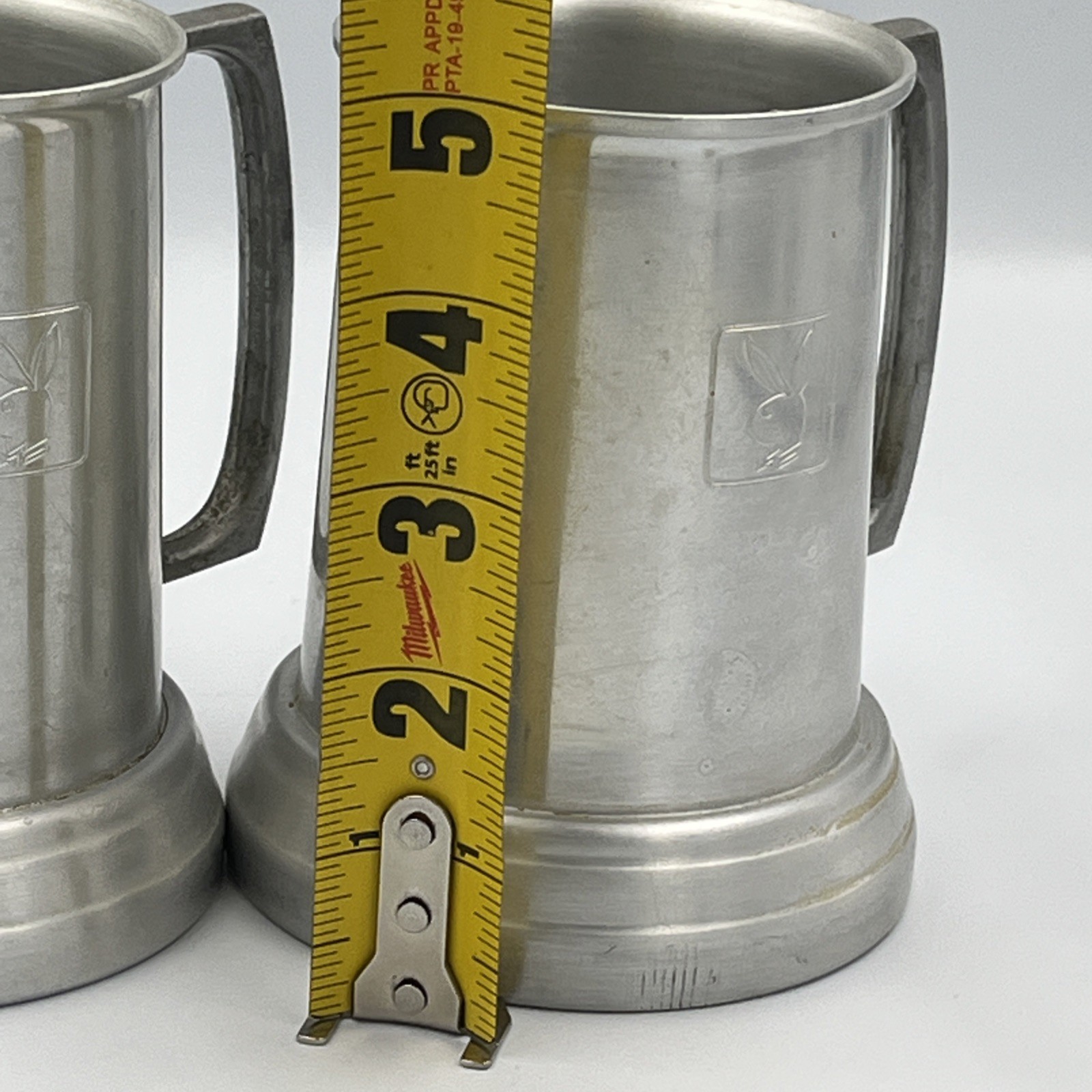 Vintage Pair Of Playboy Bunny Logo Aluminum Clear Bottom Beer Stein Tankard Mug