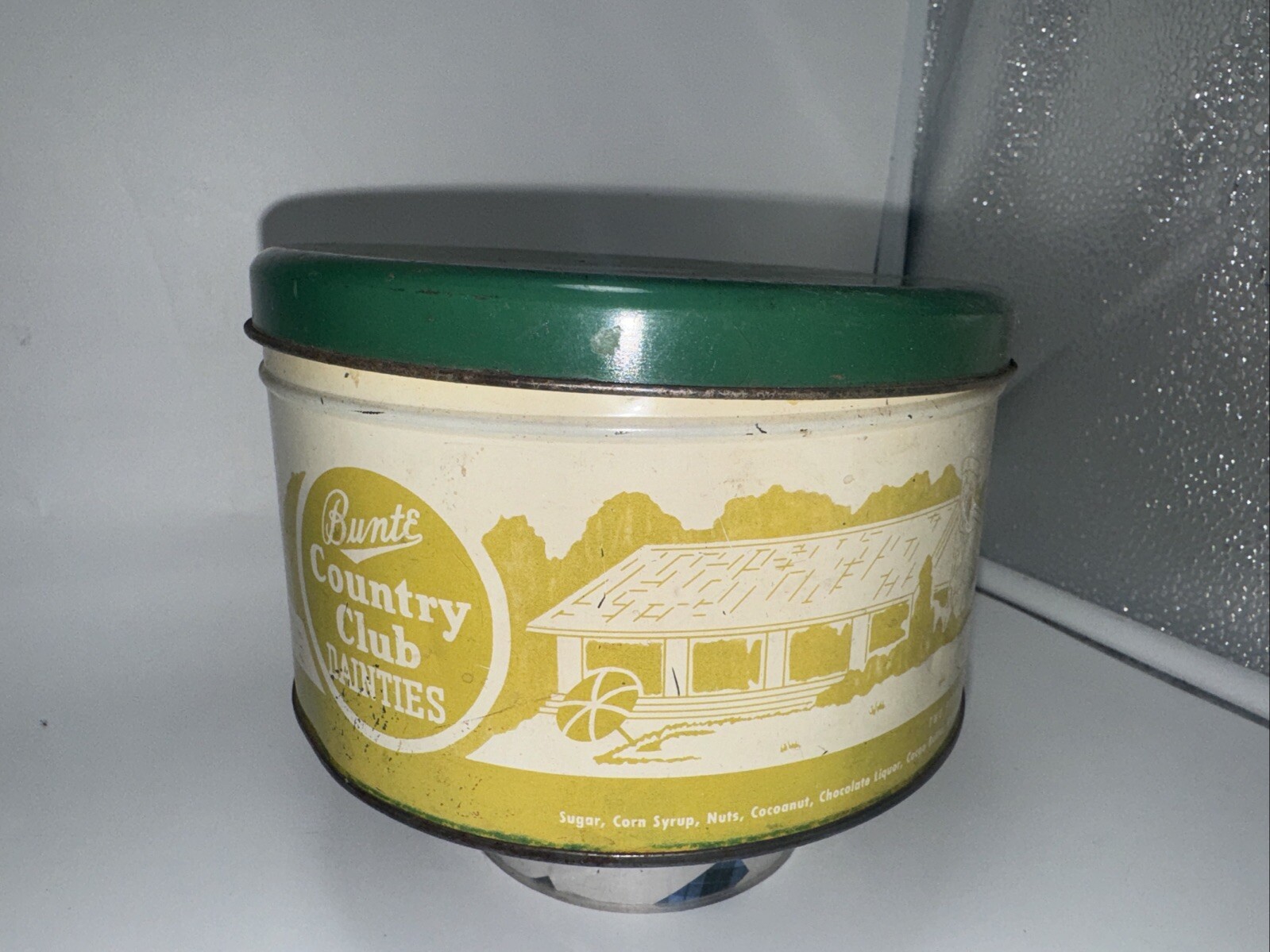 BUNTE COUNTRY CLUB DAINTIES TIN LITHO CAN CANDY COOKIES COUNTRY STORE OLD VTG !!
