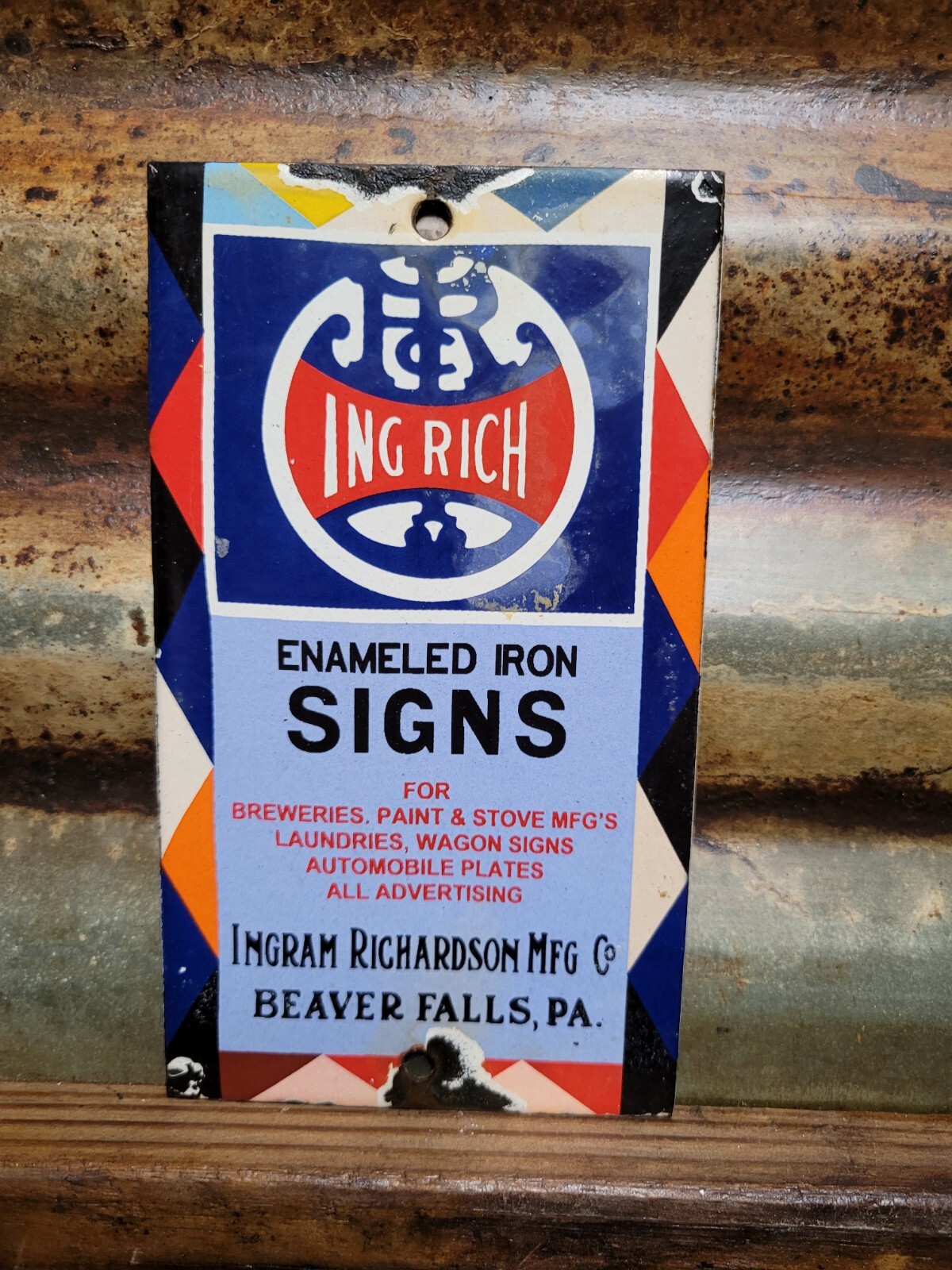 VINTAGE INGRAM RICHARDSON PORCELAIN SIGN MANUFACTURING COMPANY PENNSYLVANIA 7X4″