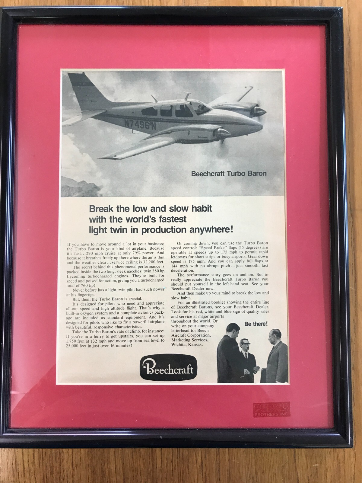 Vintage Beechcraft Baron Ad , Framed & Matted, “Break the low and slow habit..”
