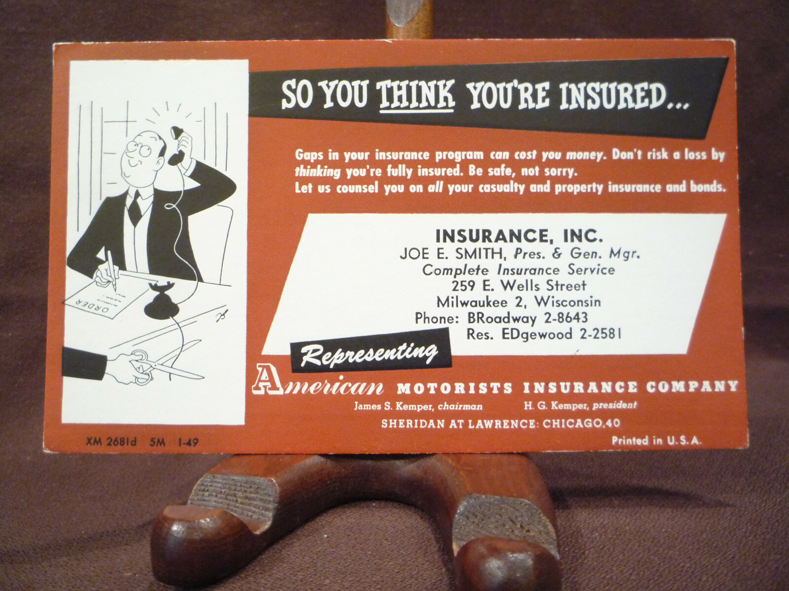 Vtg C1949 ad Blotter Milwaukee, WI – American Motorists Insurance – Joe E. Smith