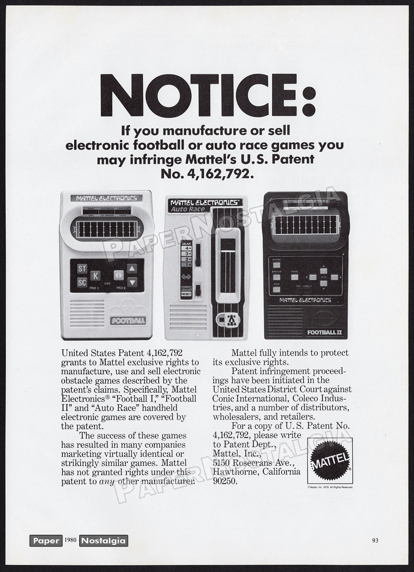 MATTEL Electronics Legal Notice – Original 1980 Trade AD / ADVERT – Football II