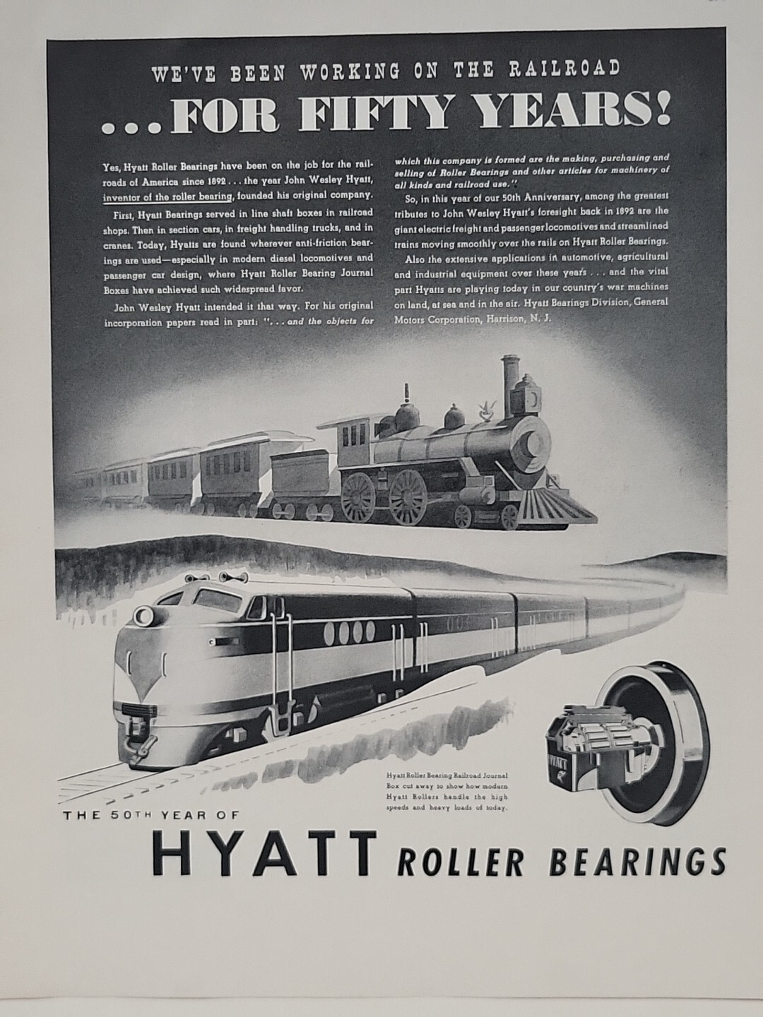 1942 Hyatt Roller Bearings Fortune WW2 Print Ad Q2 Train Locomotive Railroad