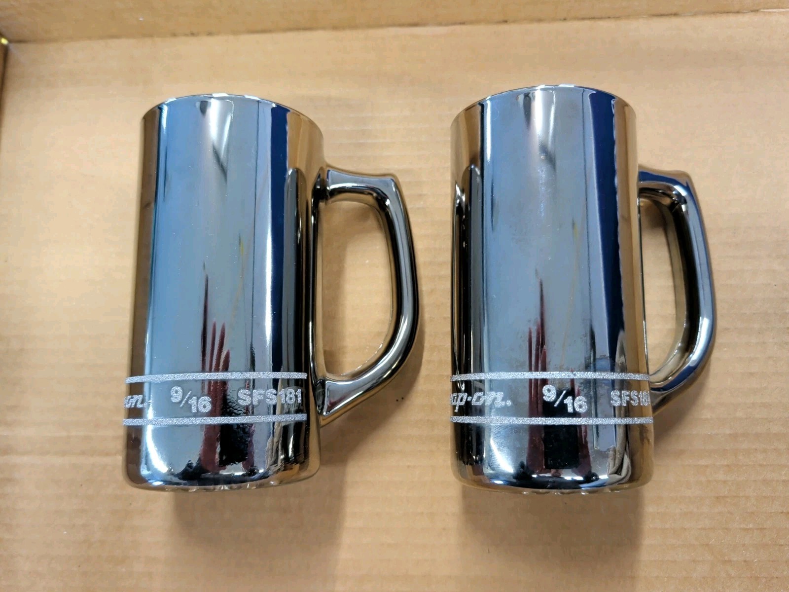 Set of 2 Snap-on Tools Glass Beer Mugs Chrome Wrapped 9/16 Socket 12oz