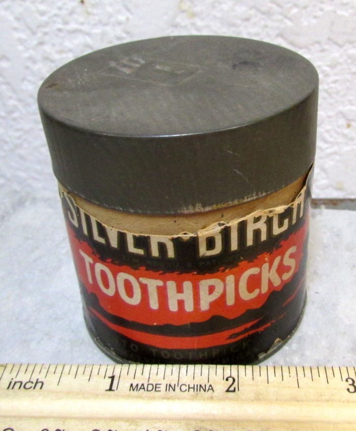 vintage Silver Birch Toothpick empty paper label container, great kitchen decor