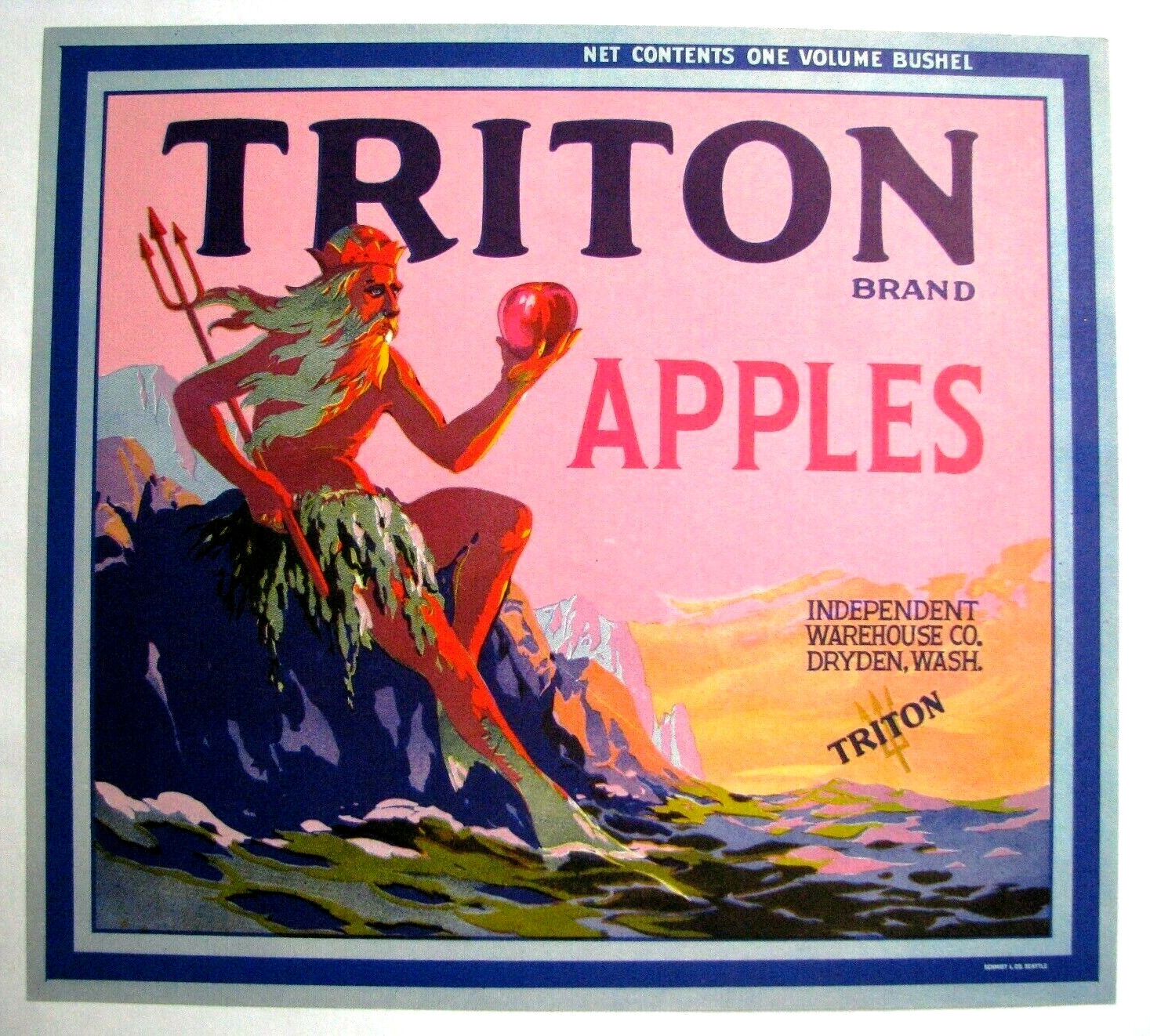Original Triton crate label Independent Warehouse Company Dryden WA sea god