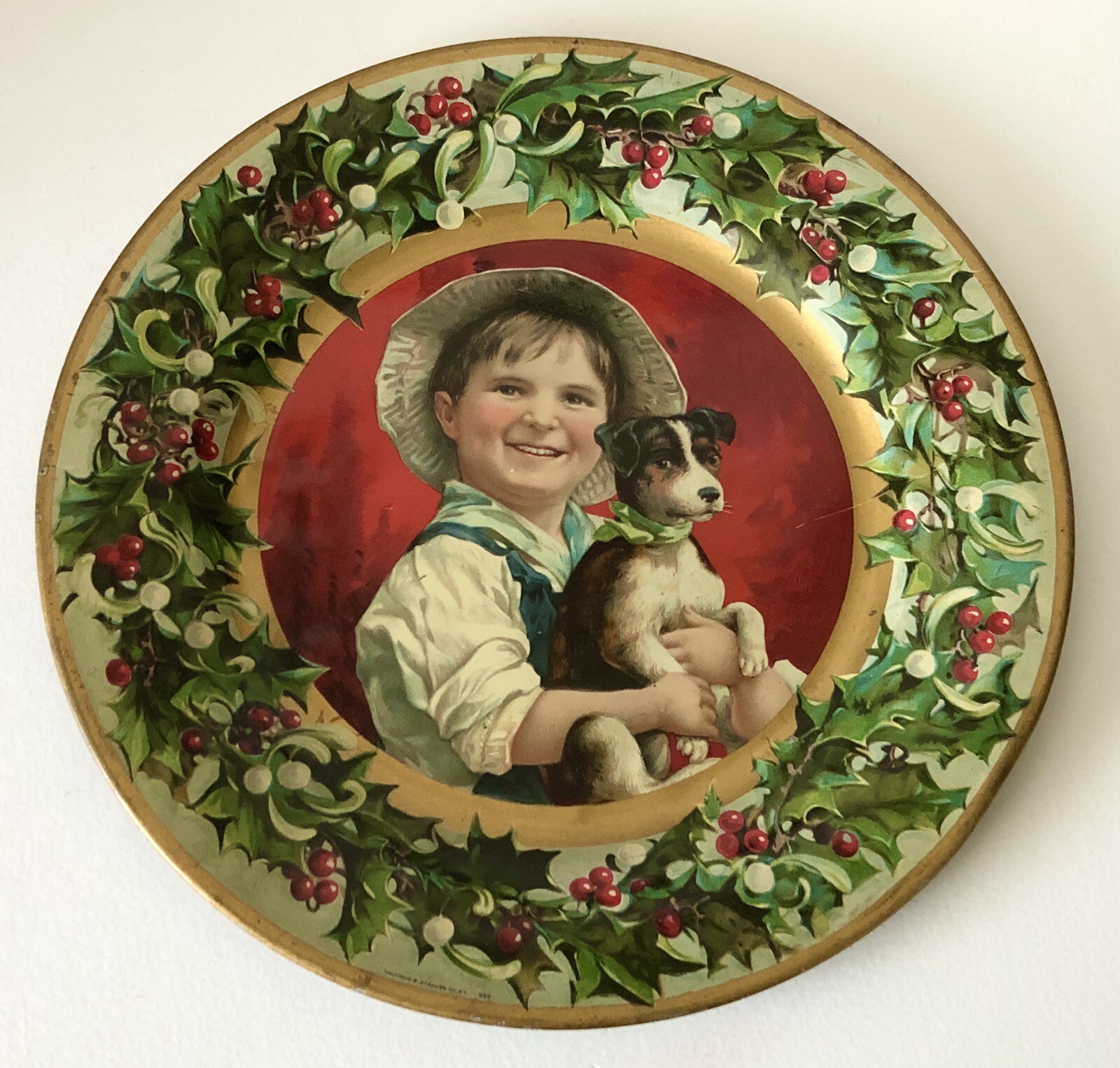 Antique CD Kenny Plate Coffee Tea Advertising Tin Litho Christmas Boy With Dog