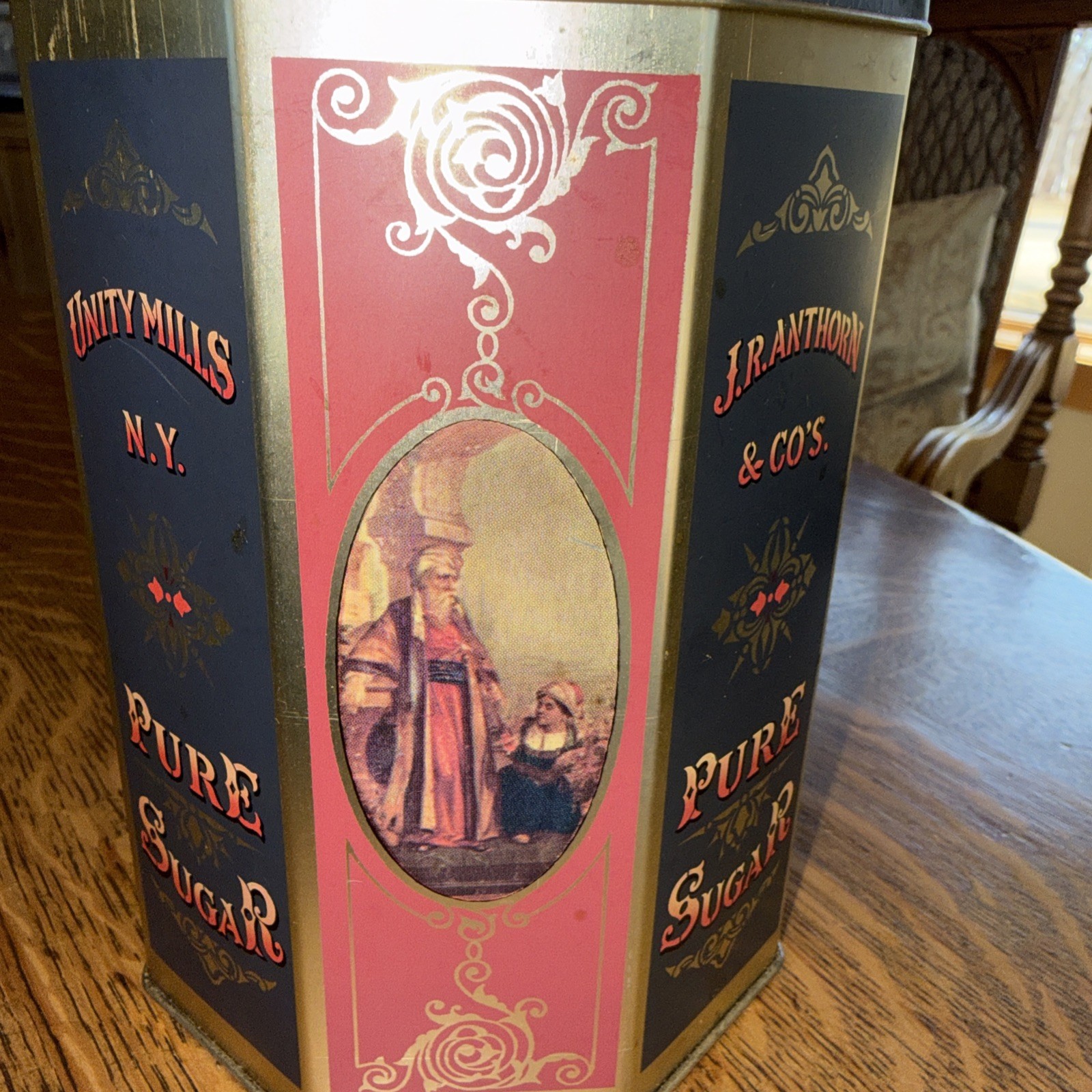 Vintage 6.5” J.R. Anthorn & Co. Pure Sugar Tin Unity Mills New York Advertising