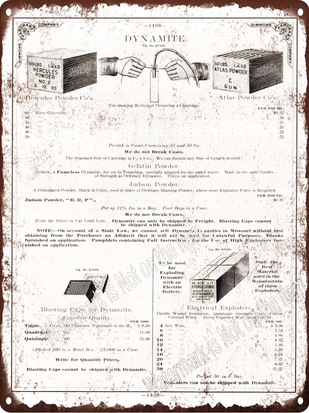 1894 Atlas Hercules Dynamite Explosive Black Powder Metal Sign 9×12″ A906
