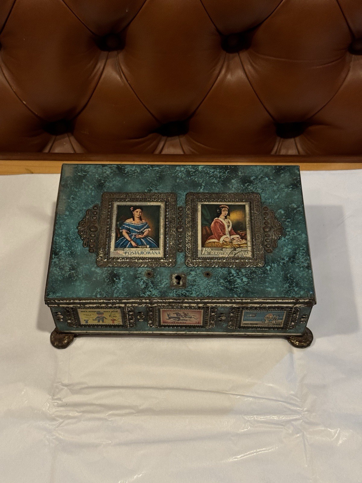 Vintage Stamp Tin Box Travel Storage Container