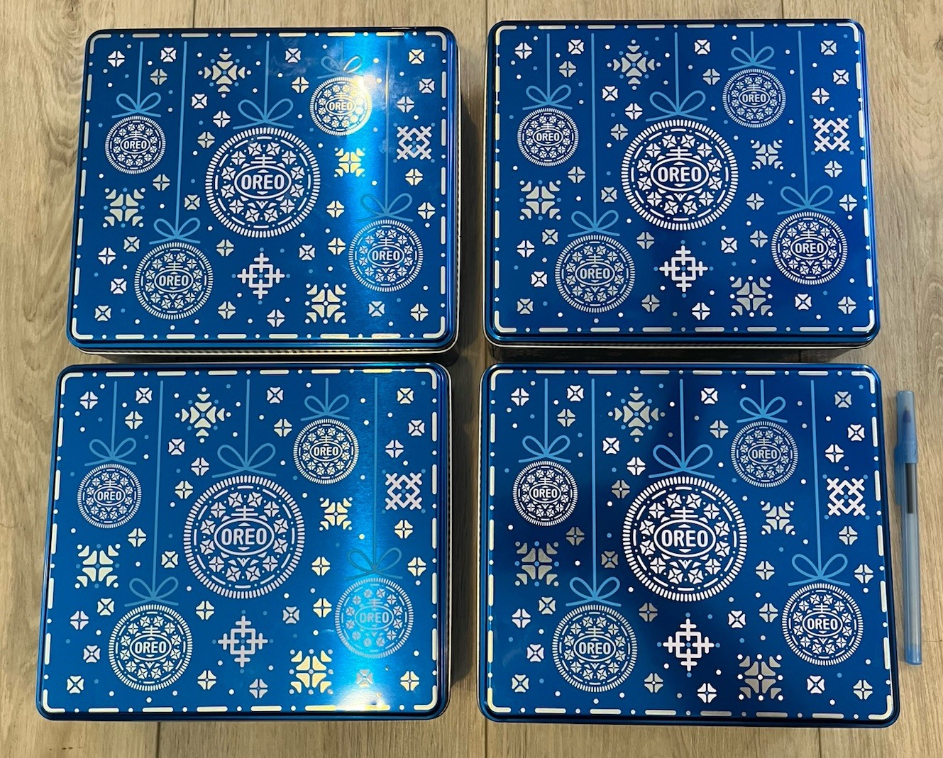 (4) Oreo Cookie Christmas Metal Tin Box Case Container Blue Snowflakes EMPTY
