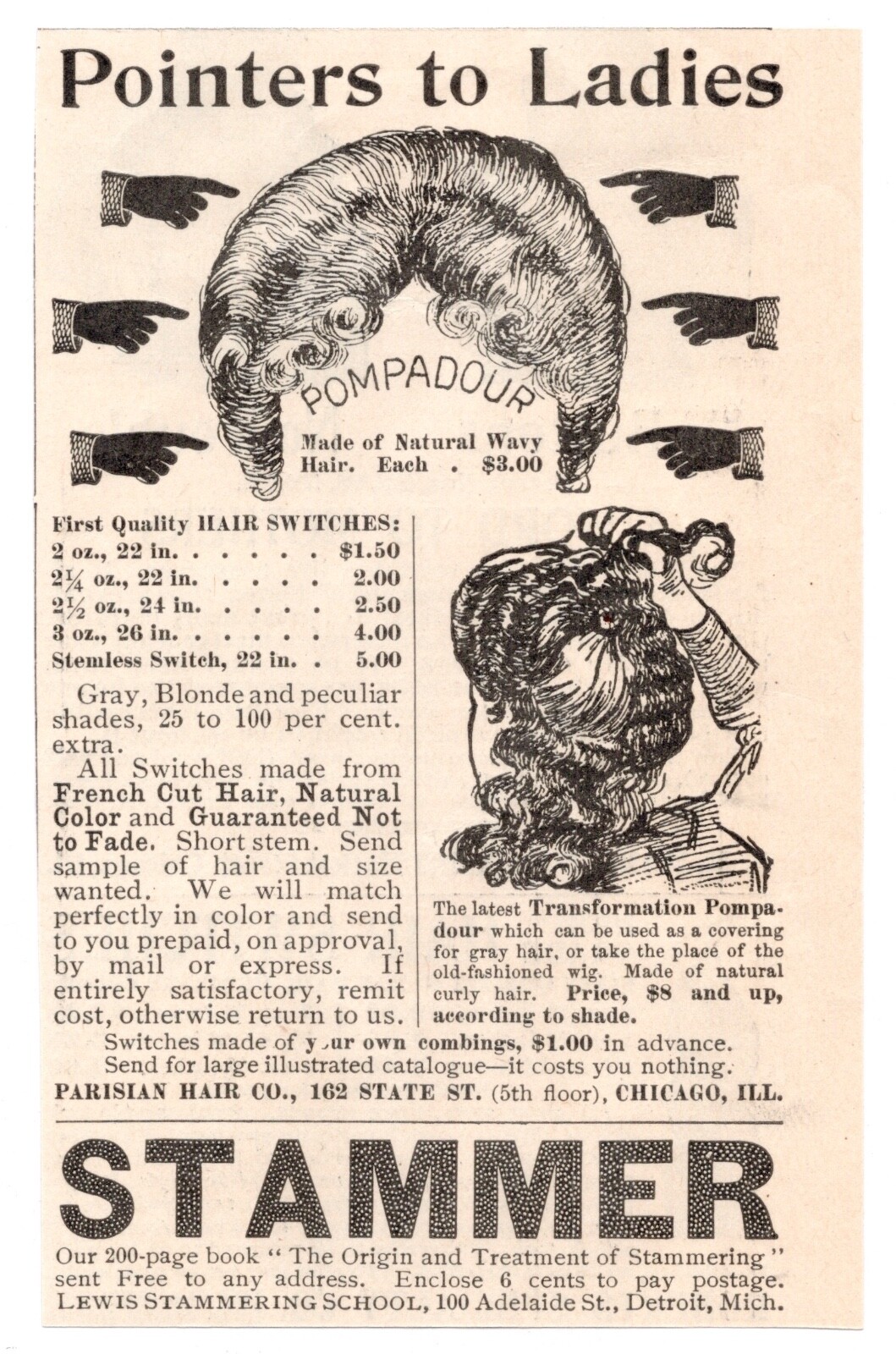 1880s Parisian Hair Co Ladies Pompadours Chicago Illinois IL Antique Print Ad