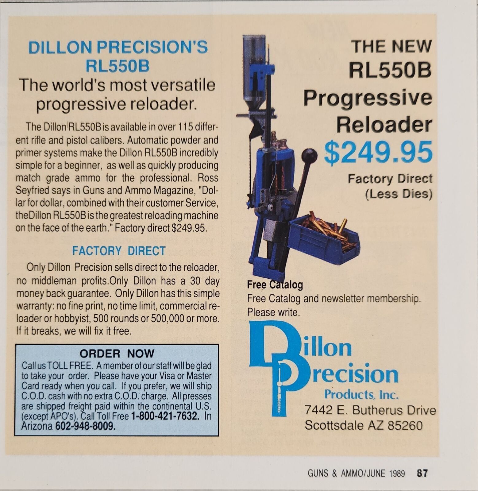 1989 Print Ad Progressive Reloader RL550B Bullets Dillon Precision Scottsdale,AZ