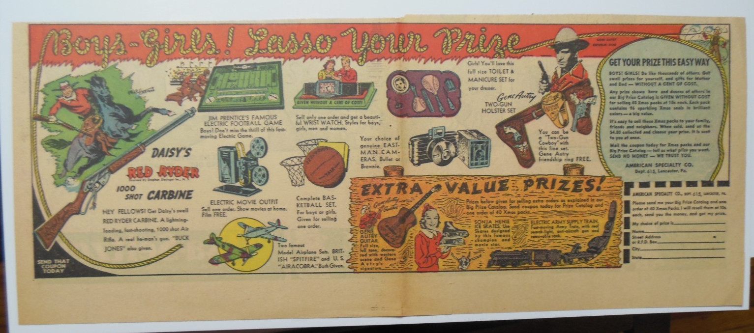 American Specialty Co Ad: Red Ryder, Gene Autry Prizes 1942 Size: 7 x 15 inches