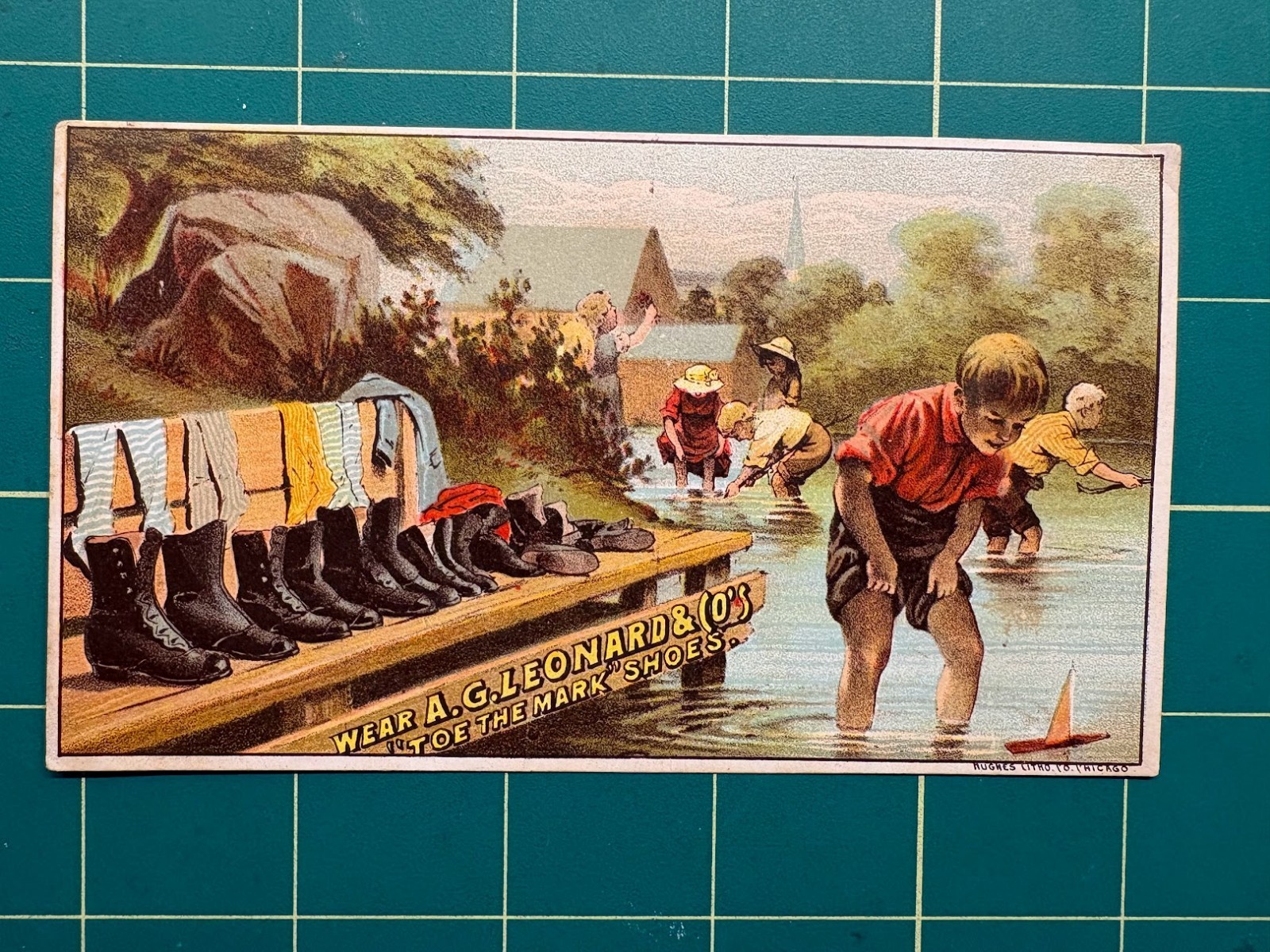 Toe the Mark Shoes trade card – children wading in water – boots lined up