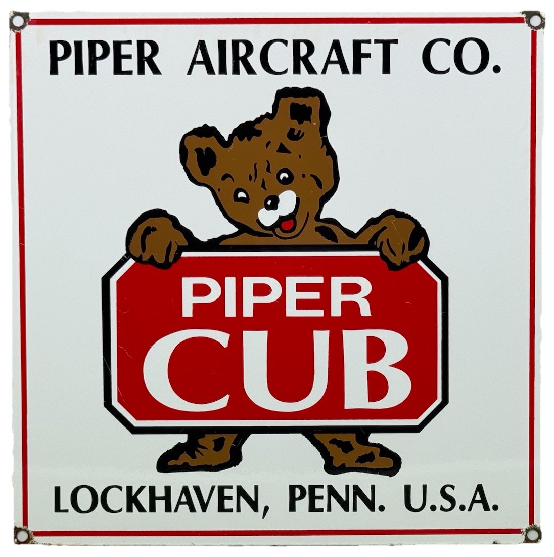 VINTAGE PIPER CUB PORCELAIN DEALER SIGN GAS STATION SALES SERVICE AVIATION BEAR