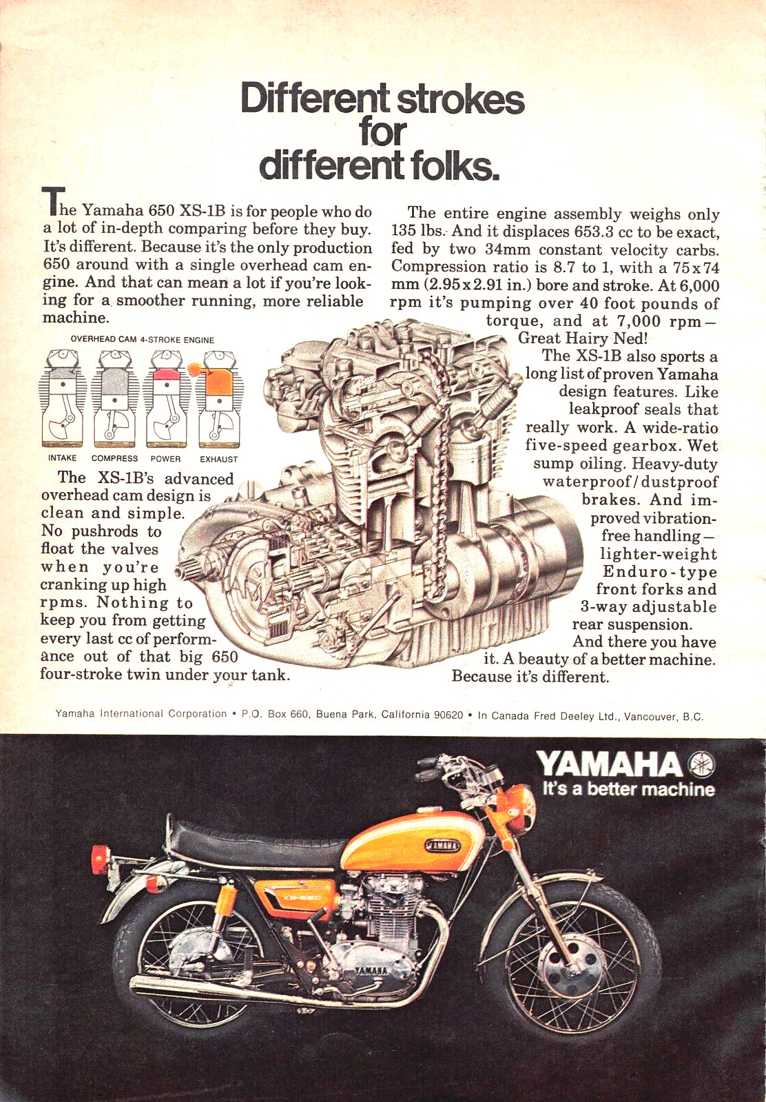 Yamaha 650 XS-1B Single Overhead Engine Motorcycle Vtg Magazine Print Ad