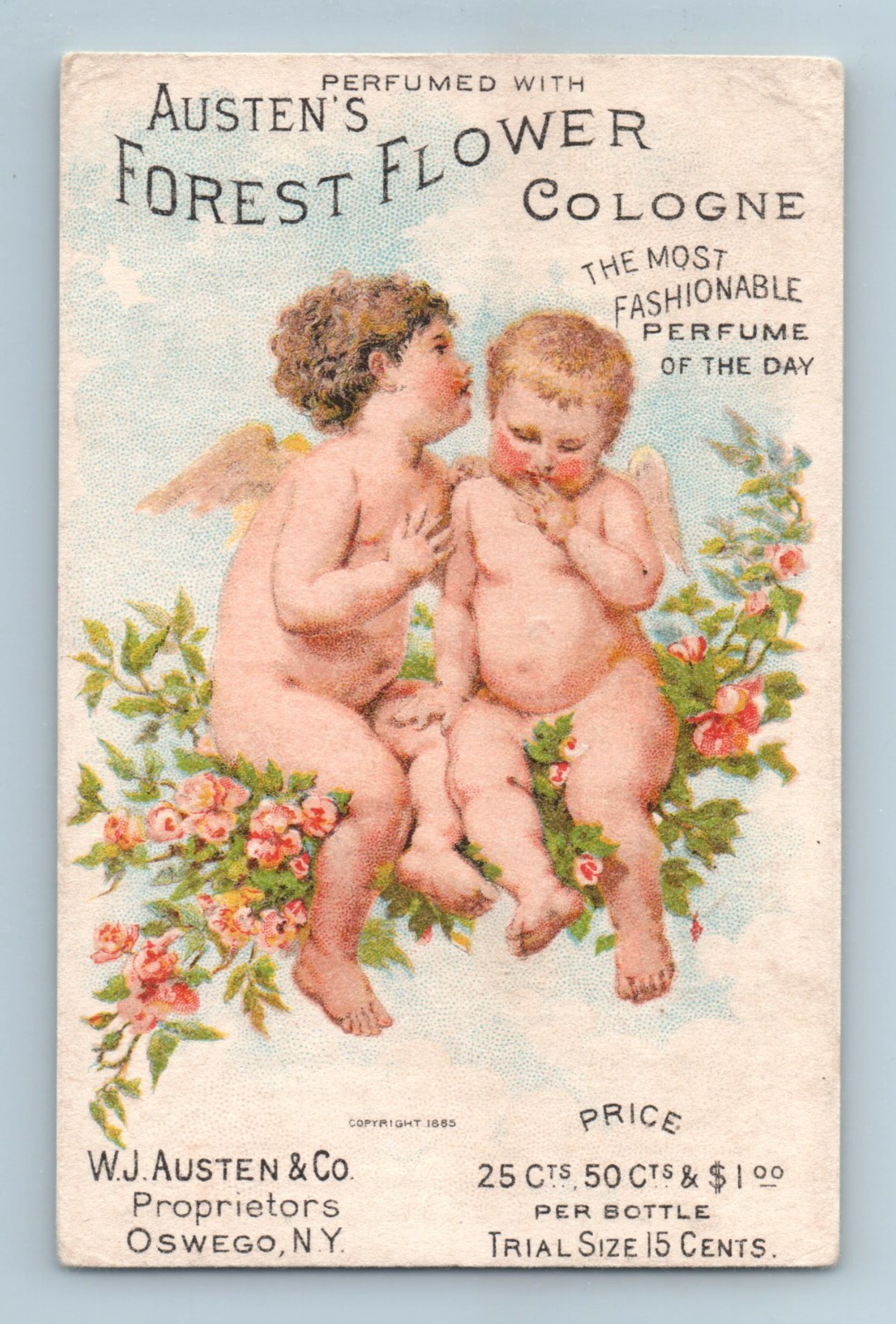 TRADE CARD Austen’s Forest Flower Cologne W J Austen & Co Oswego NY Cherubs
