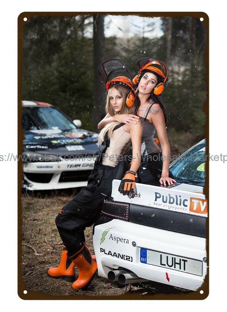 timber cutting chainsaw saw machine CALENDAR GIRL metal tin sign