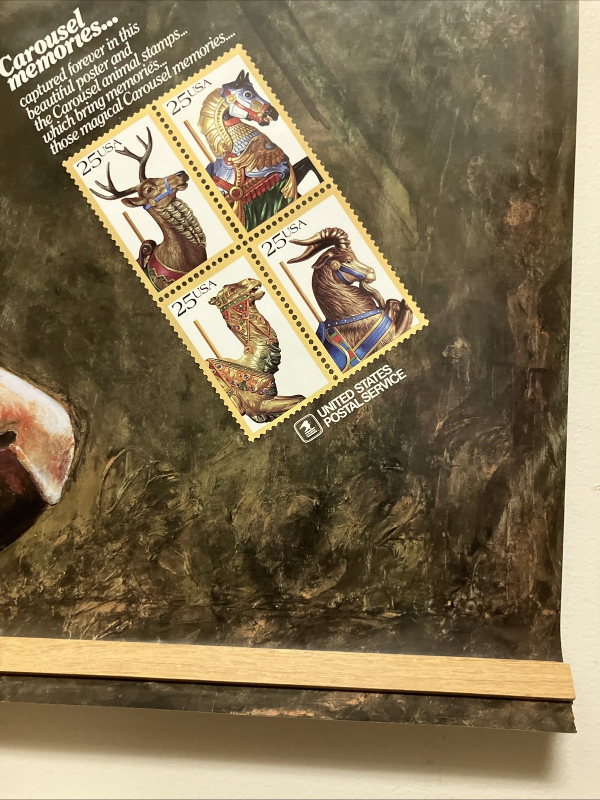 USPS Folk Art 1988 “Carousel Memories” Horse Animal Stamps Poster 24”x36”