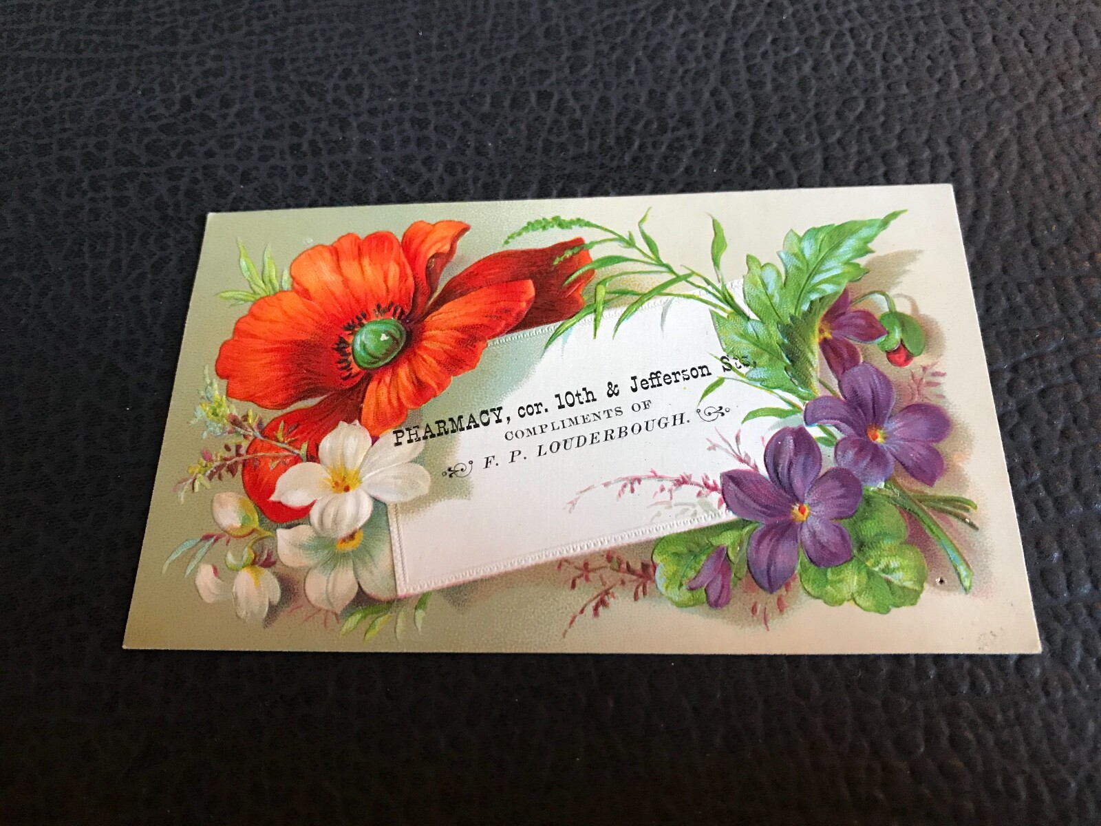 1800’s FPLouderbough Red Hibiscus & White & Purple Violets Victorian Trade Card
