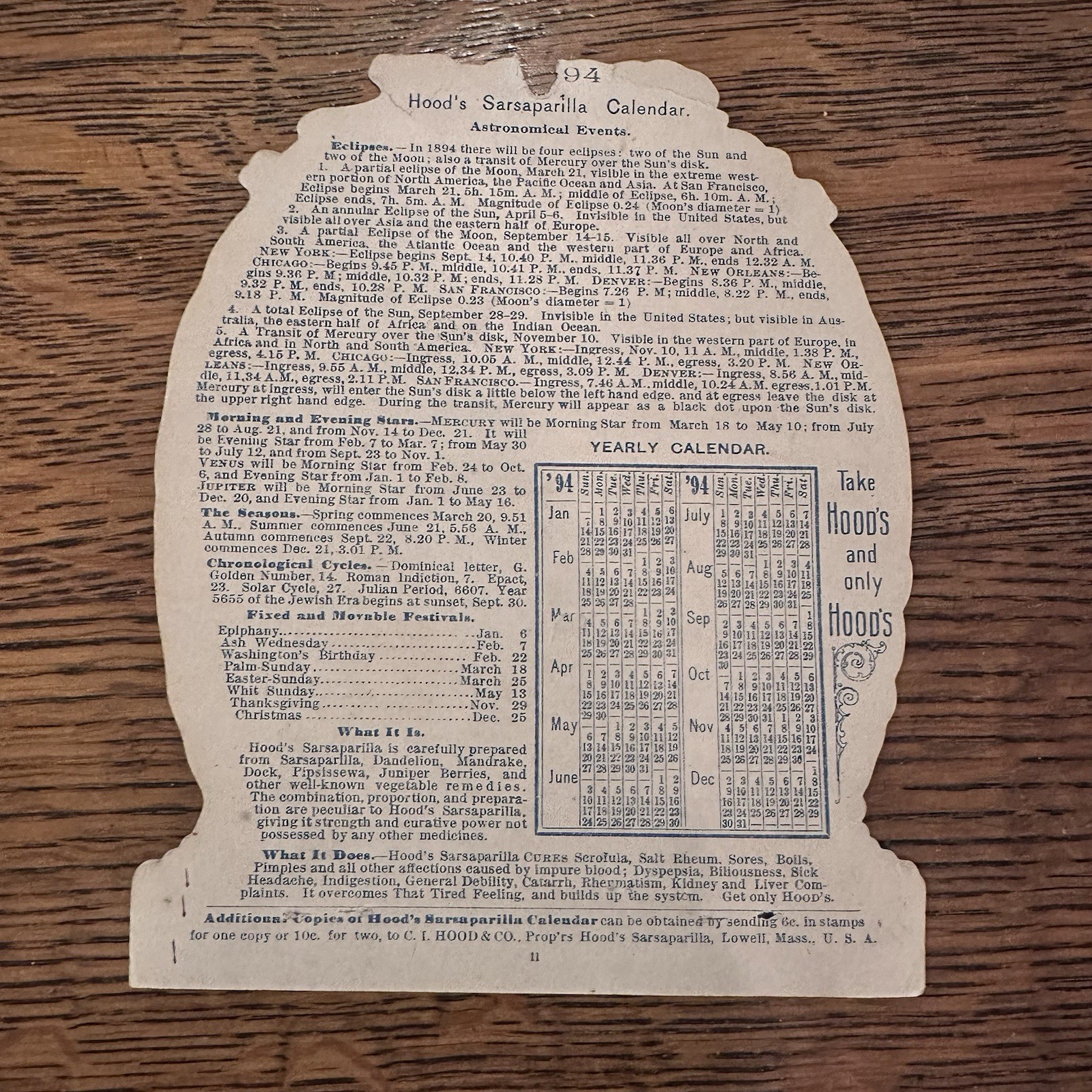 1894 Hood’s Sarsaparilla Victorian Advertising Calendar Die Cut – Sweet Sixteen
