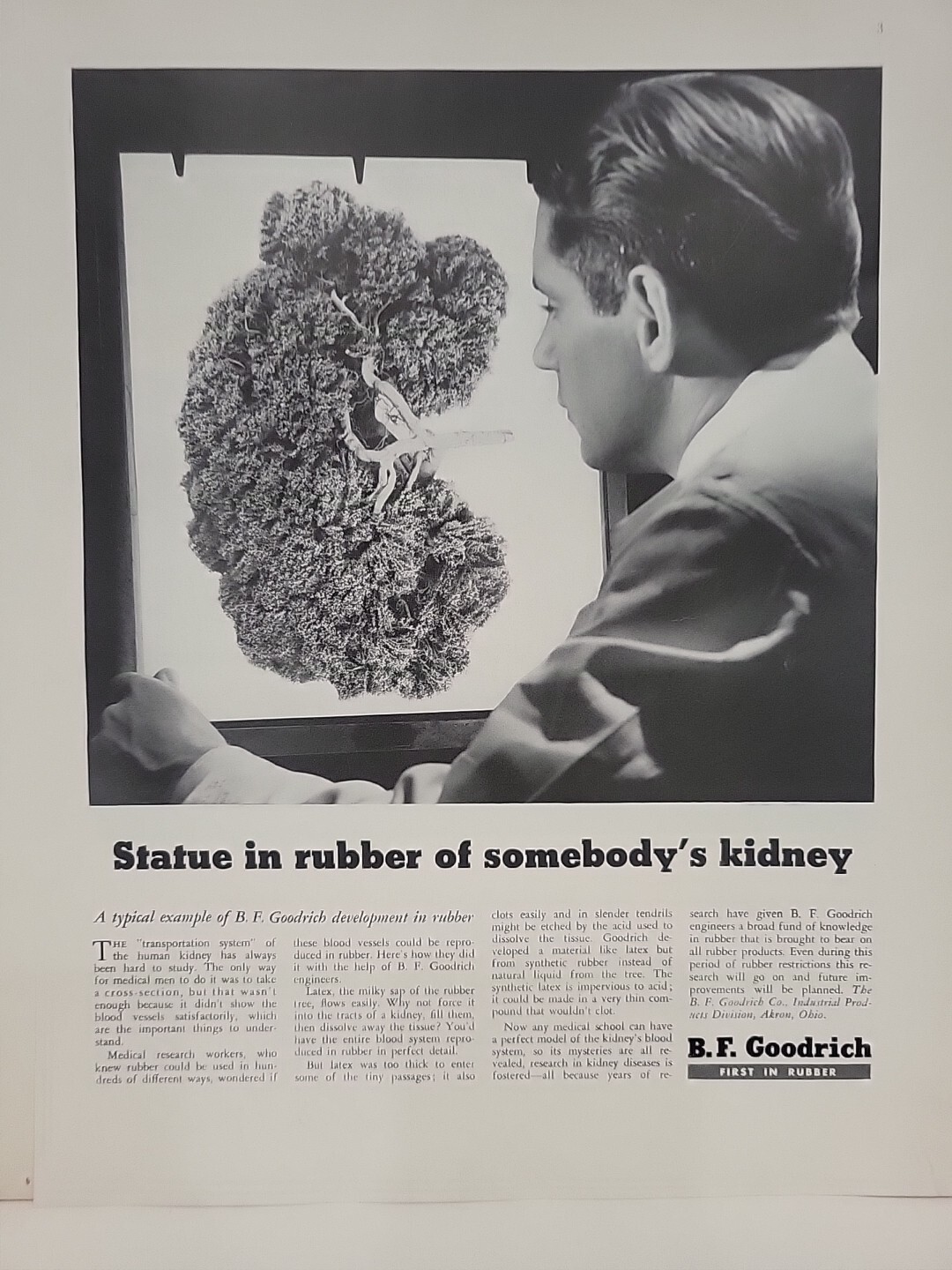 1942 B.F. Goodrich Rubber Fortune WW2 Print Ad Q2 Kidney Statue Medicine Akron
