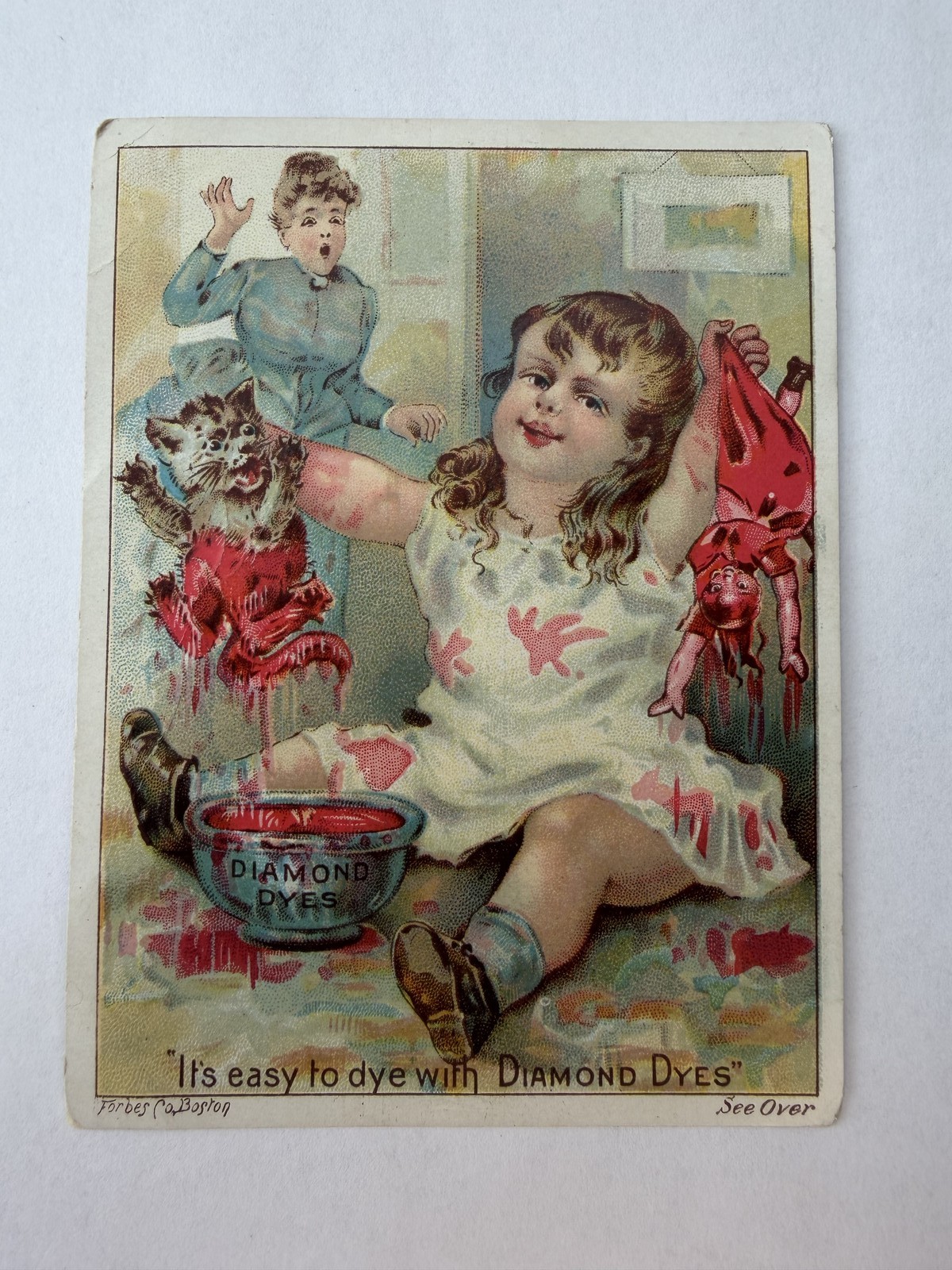 Otisfield ME B. S. Moors Diamond Dyes Trade Card Girl Dyes Cat & Doll Red Forbes