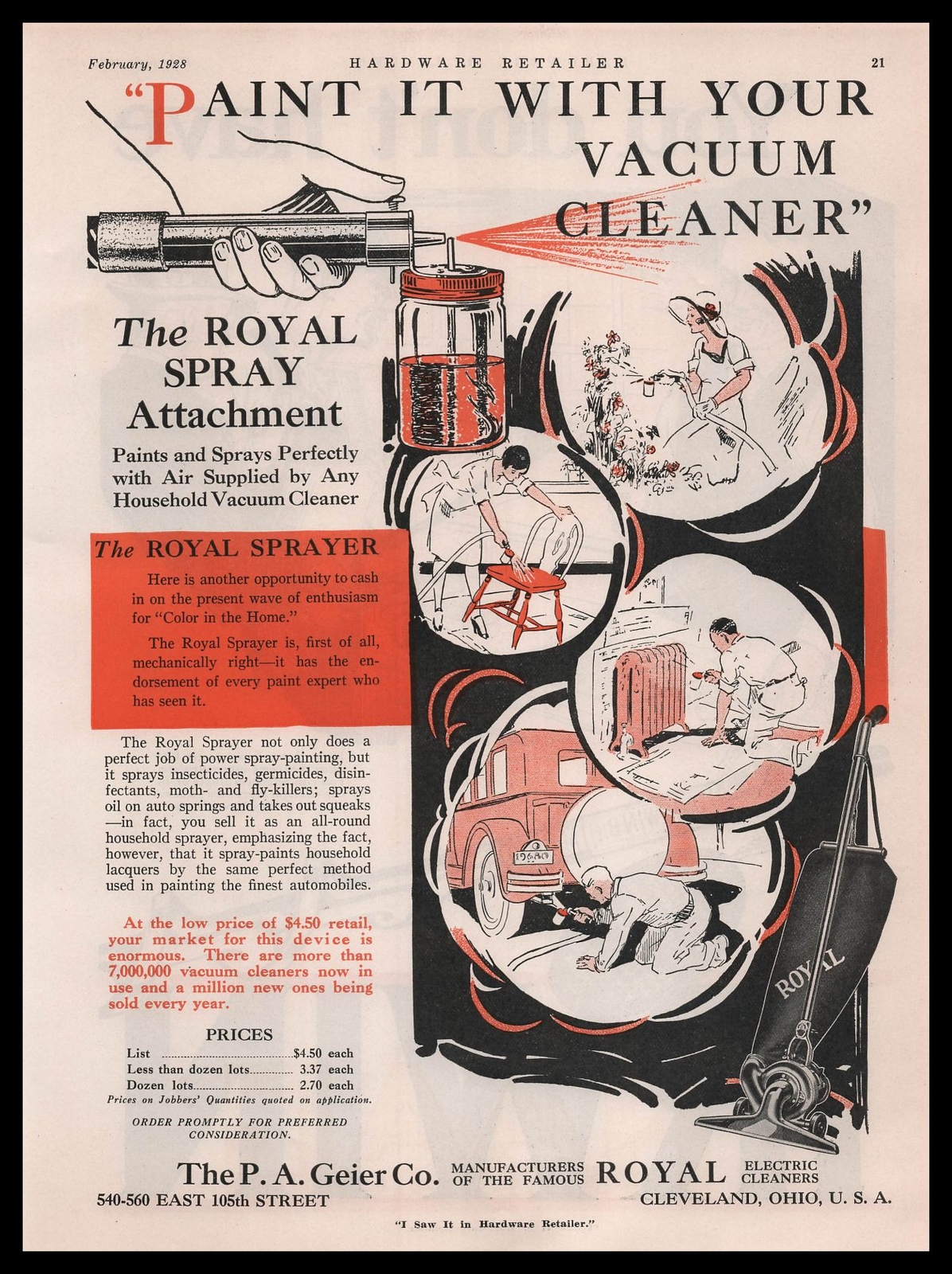 1927 PA Geier Cleveland Royal Sprayer Vacuum Cleaner Attachment Vintage Print Ad