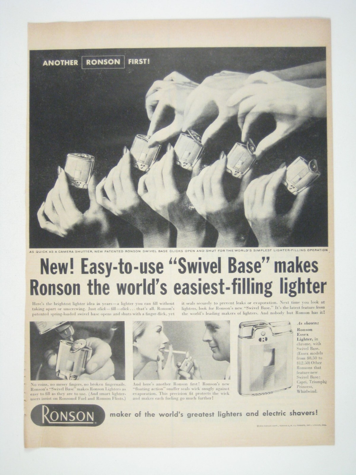 Ronson Vintage Advertisement New Swivel Base Lighter Technology 1950s Print