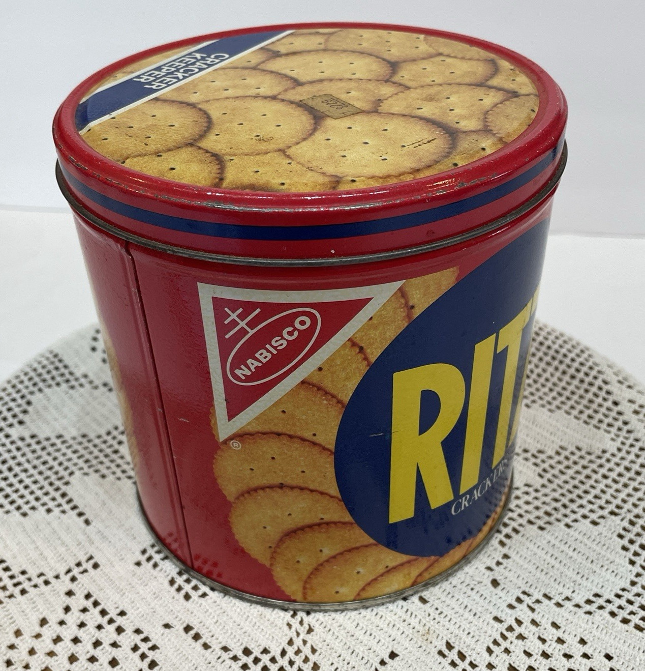 Vintage Ritz Crackers Advertising Tin Collectible Cracker Keeper Red Blue Yellow