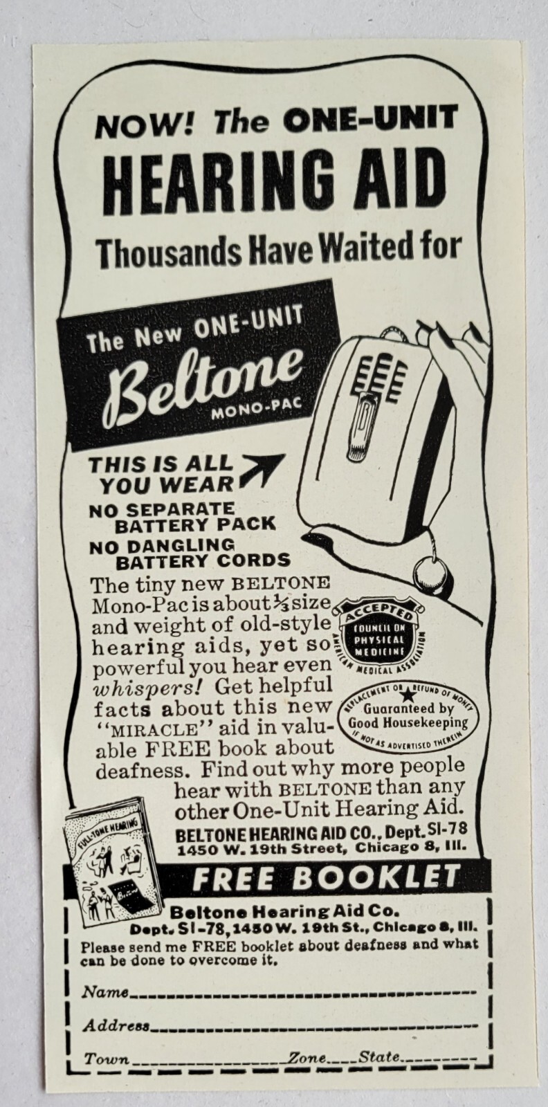 1947 Beltone Mono-Pac One Unit Hearing Aid Print Ad 2.5 x 5.5″