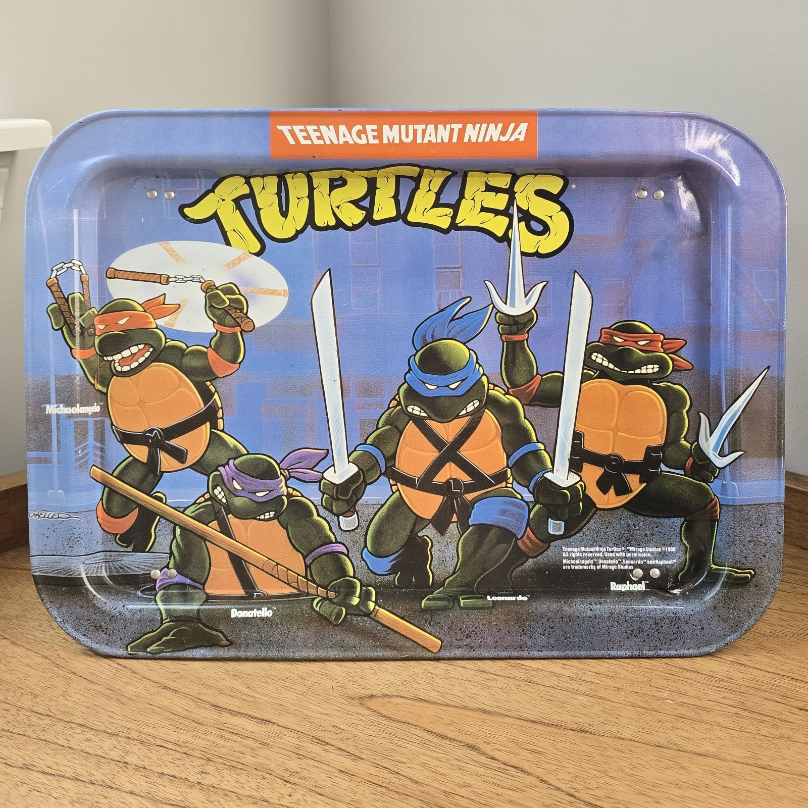 1988 Teenage Mutant Ninja Turtles Folding Metal TV Lunch Tray 17 x 12 x 7 Mirage
